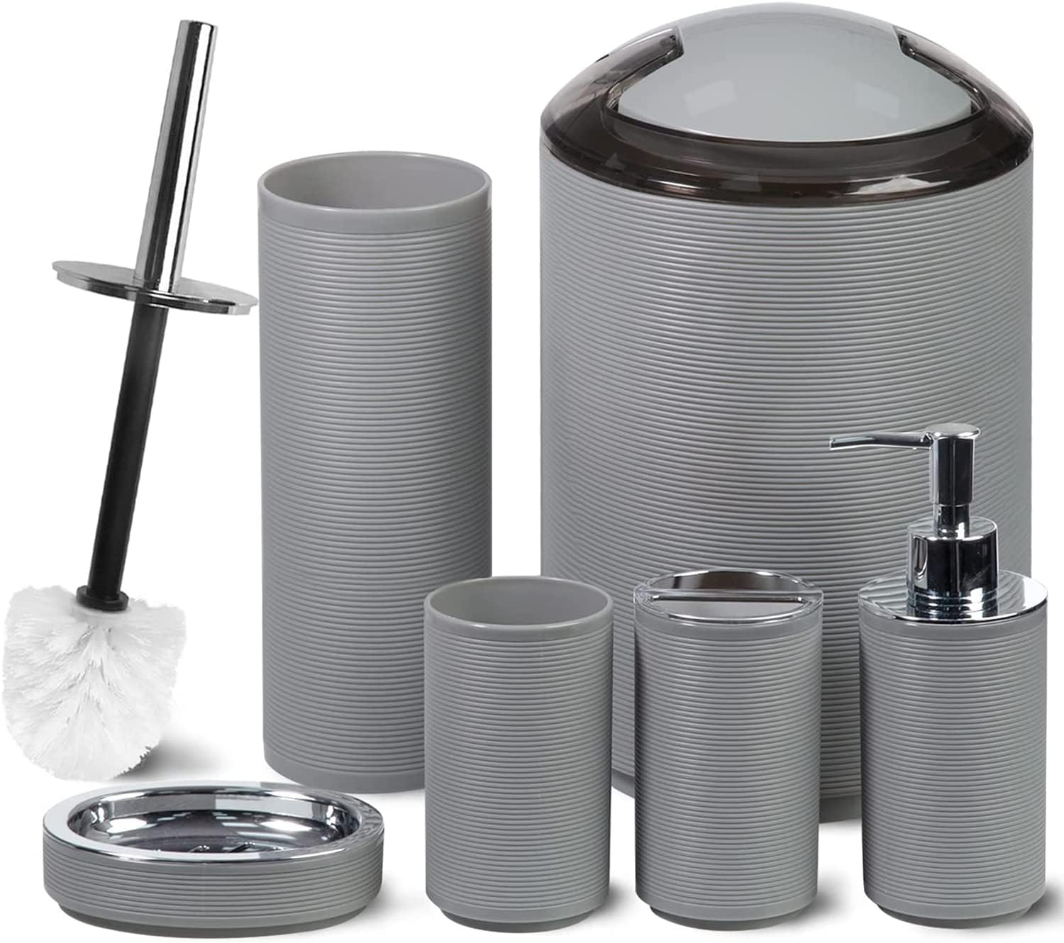 CERBIOR Bathroom Accessories Set 6 Piece Bath Ensemble Includes Soap Dispenser, Toothbrush Holder, Toothbrush Cup, Soap Dish for Decorative Countertop and Housewarming Gift, Grey