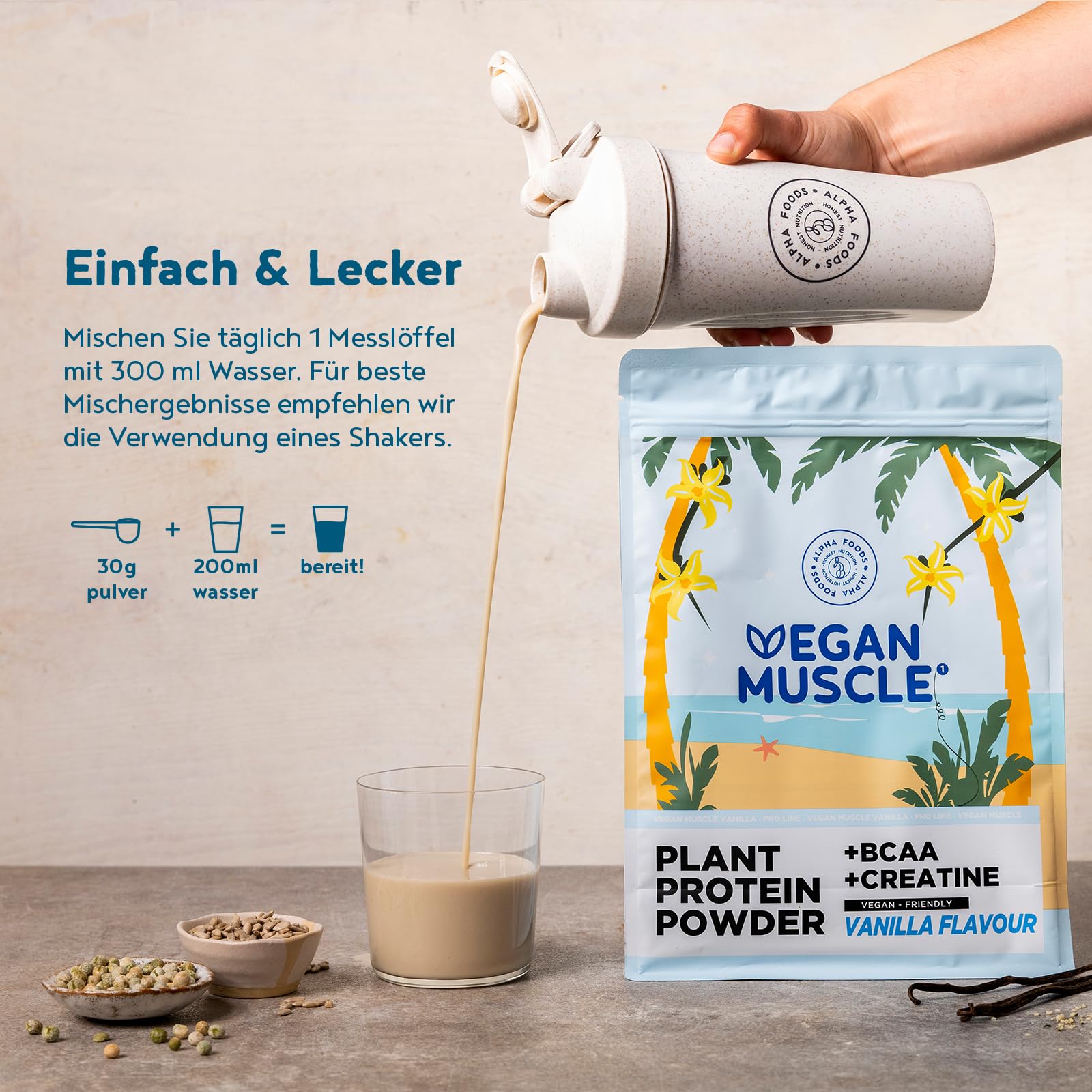 Veganes Proteinpulver + Creatin + BCAA | Vanille | 600g Eiweißpulver | Premiumqualität Protein | Made in Germany | Alpha Foods
