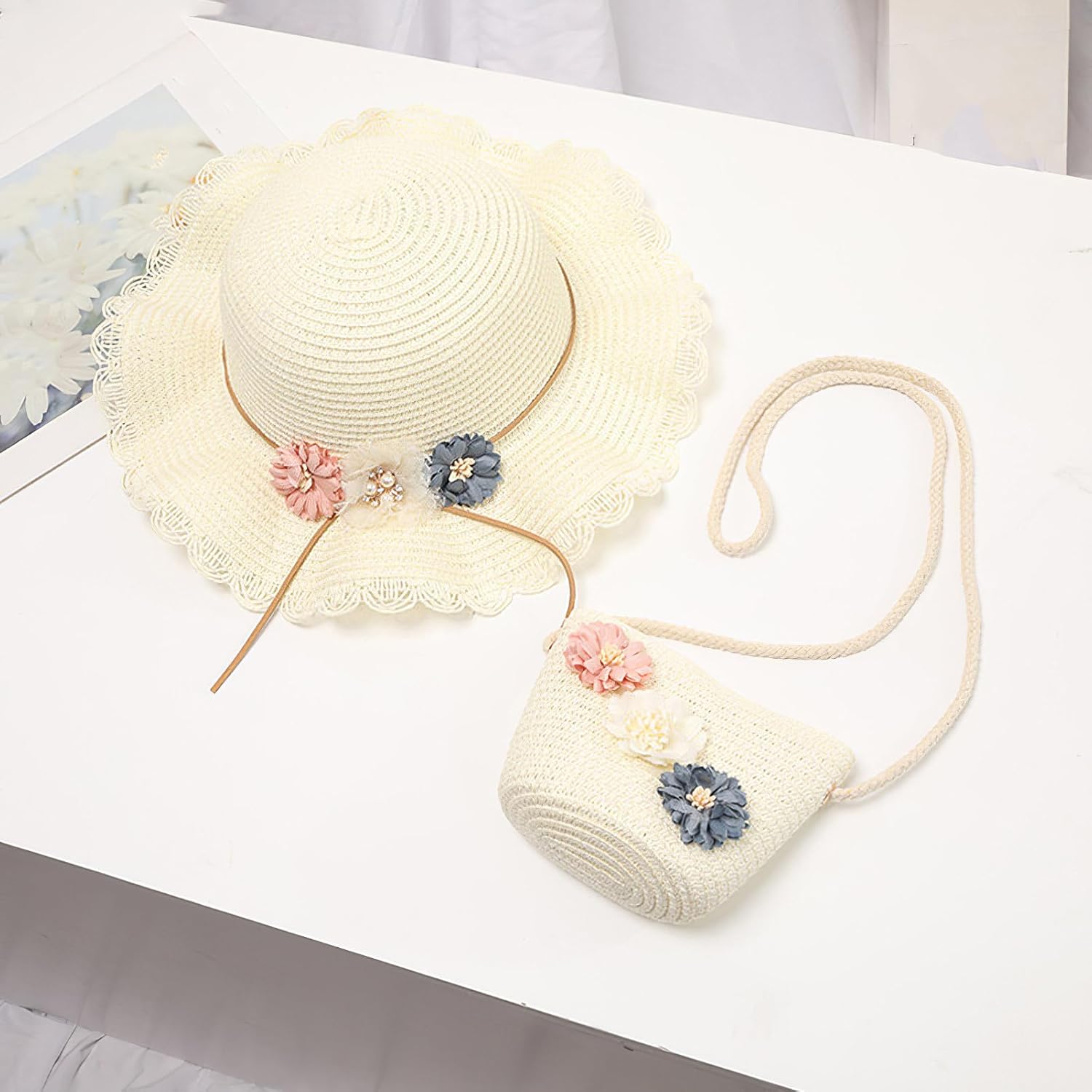Girls Straw Hat Purse Bag Set Lace Brim Flowers Pearl Summer Beach Sun Hat Princess Shoulder Crossbody Bag Chin Strap