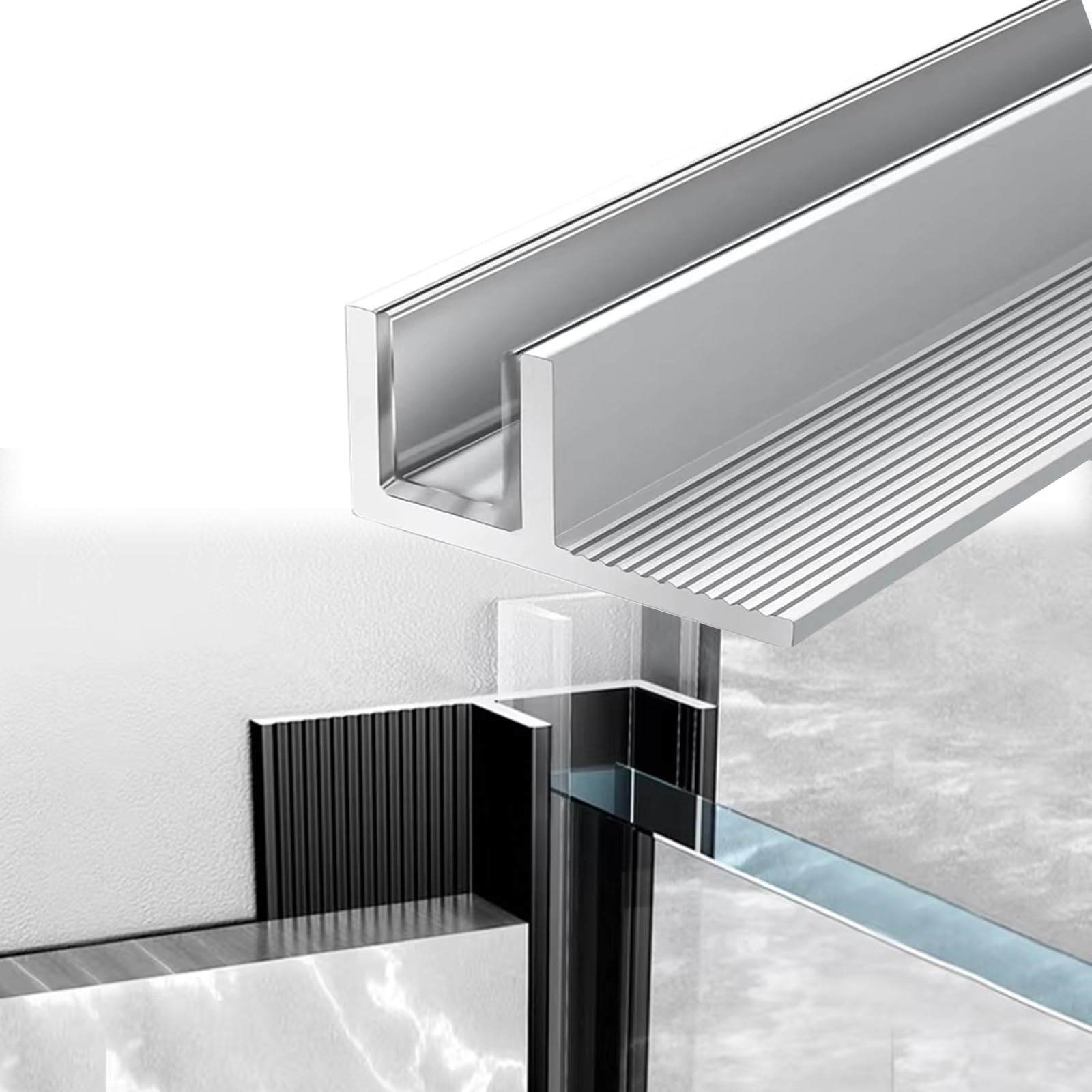 Aluminiowy profil kanałowy w kształcie litery U, 1 m, do montażu sufitowego na podłodze ściennej, do paneli wilgotnych pomieszczeń, osprzęt ustalający (typ F srebrny 10 mm szkło)