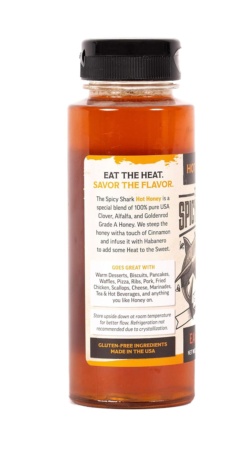 The Spicy Shark Hot Honey 12 oz Bottle 100% pure Spicy Hot Honey, Made in the USA, Gluten-Free & Paleo - Brand featured on Hot Ones (Pack of 2)