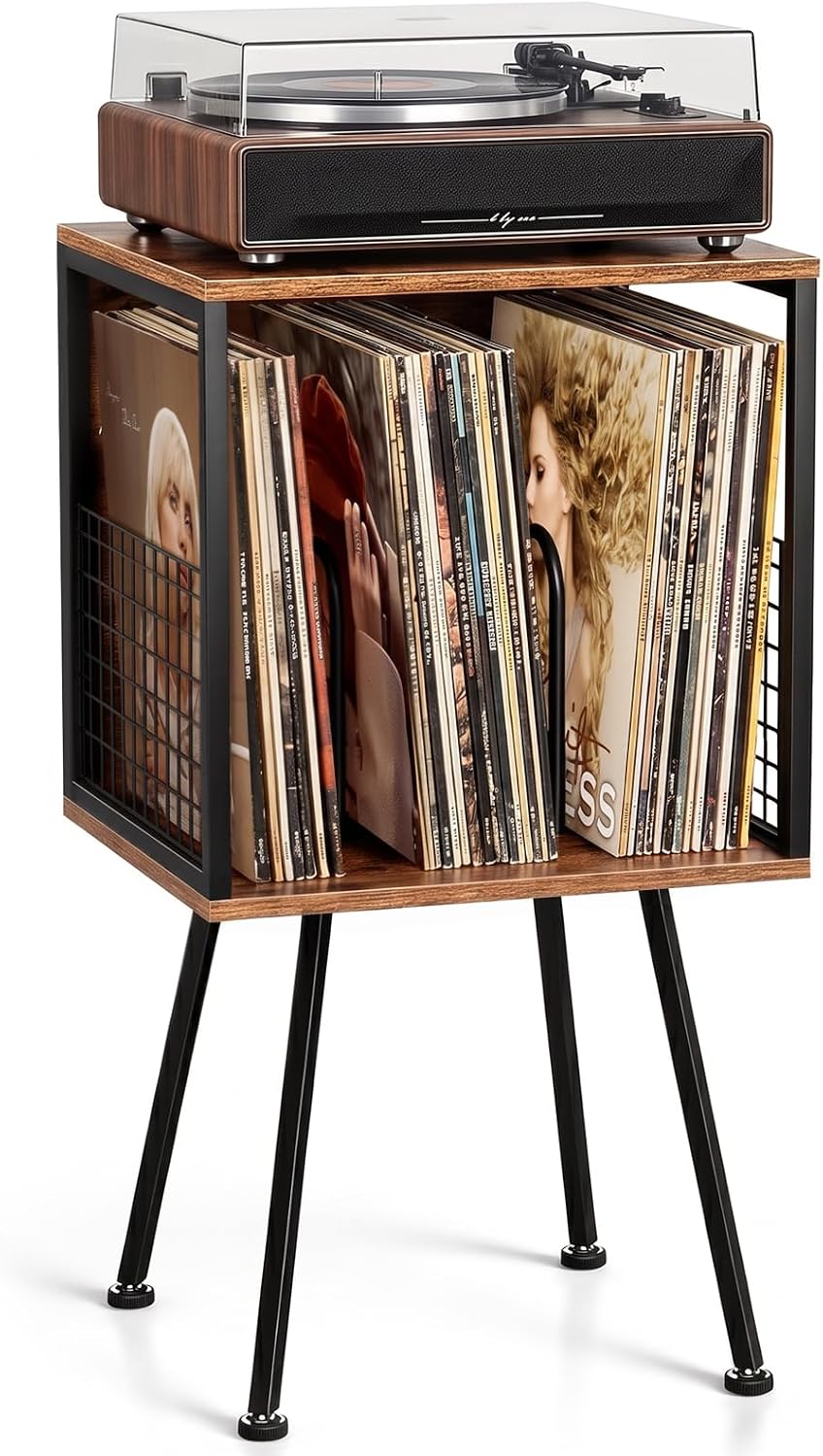 Faesun Record Player Stand with Storage Holds 100+ Vinyl Records, Industrial Turntable Stand with Storage Shelf, LP Album Organizer Cabinet for Small Spaces,Rustic End Table