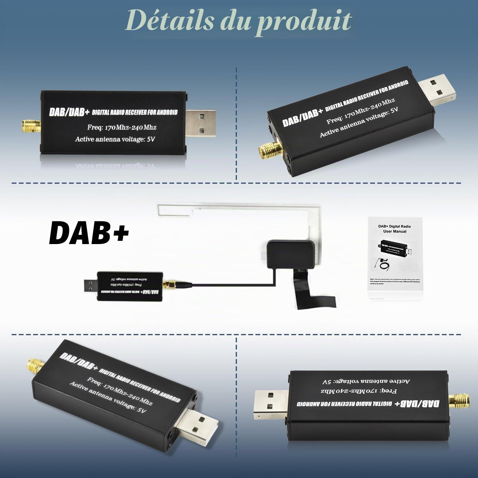 Adaptateur Dab/Dab+ pour Autoradio Android, Récepteur Numérique USB avec Antenne Voiture, Tuner Boîtier Utilisant Une Application Dédiée, Installation Facile