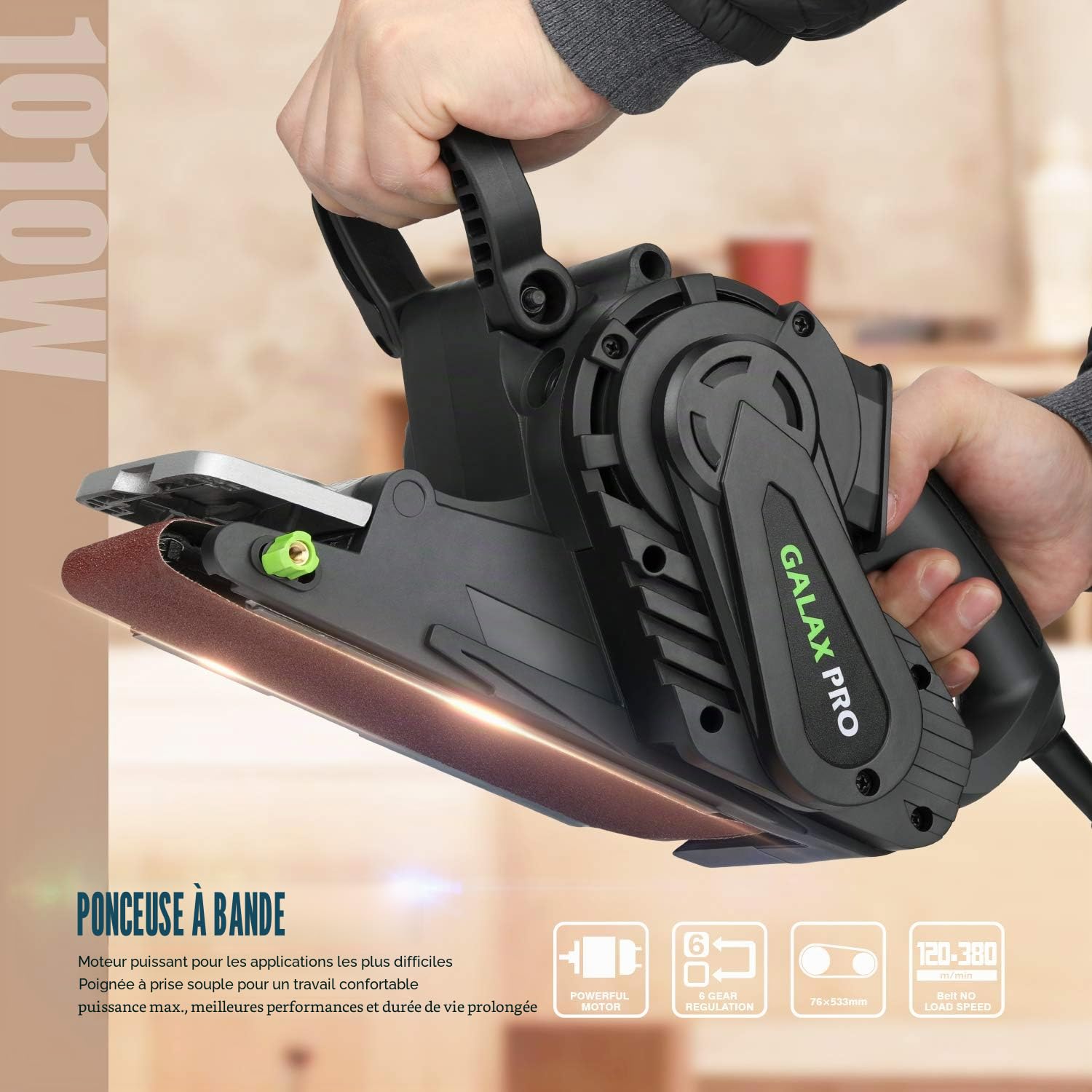 GALAX PRO Ponceuses à Bande 1010W, Ponceuse à Cordon avec Réglages de Vitesse Variables 120-380 RPM, 5Pcs Bandes de Ponçage (76 x 533 mm) et Sac à Poussière
