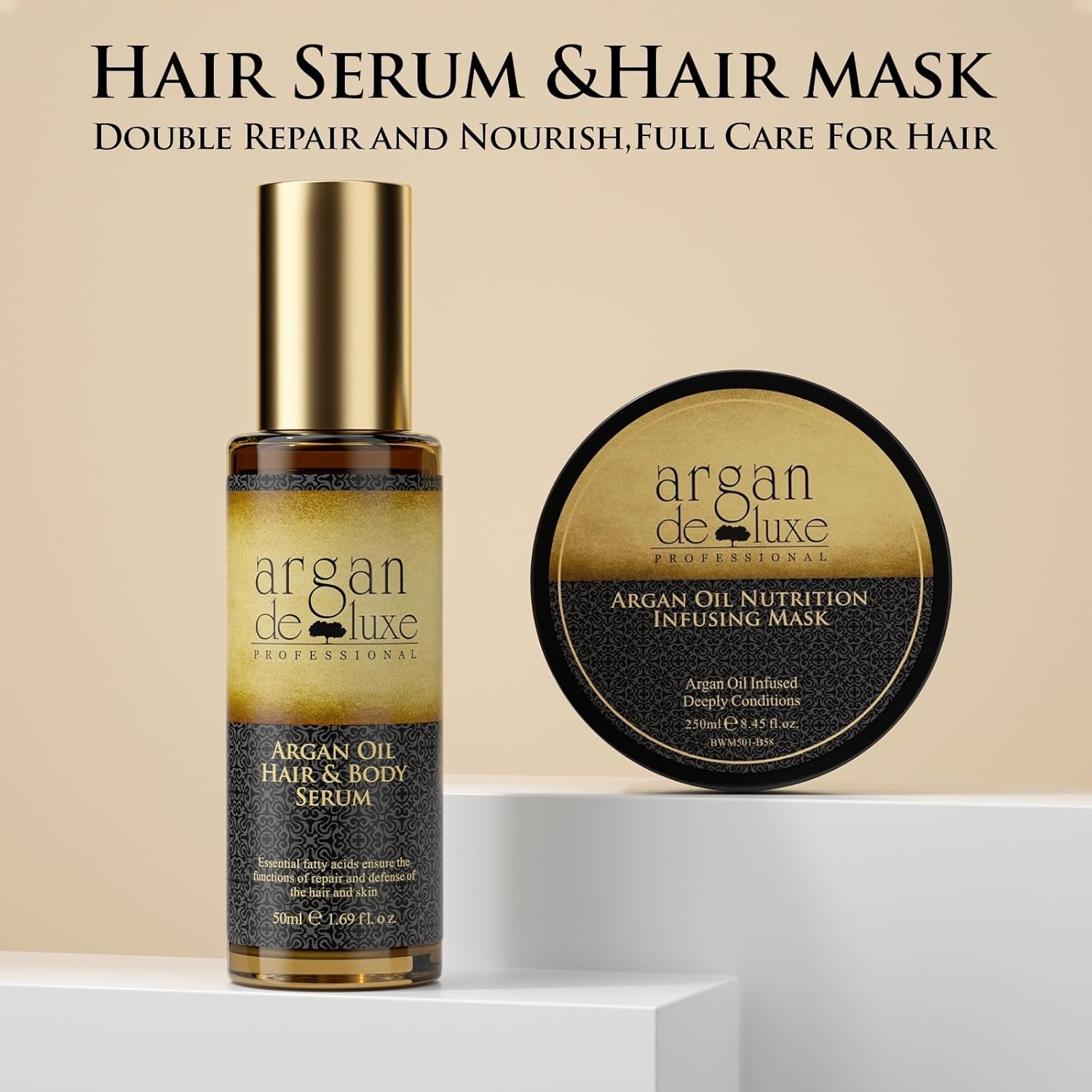 Hair Care Set, Argan Oil Serum 50ml and Hair Mask 250ml, Luxury Treatment Kit