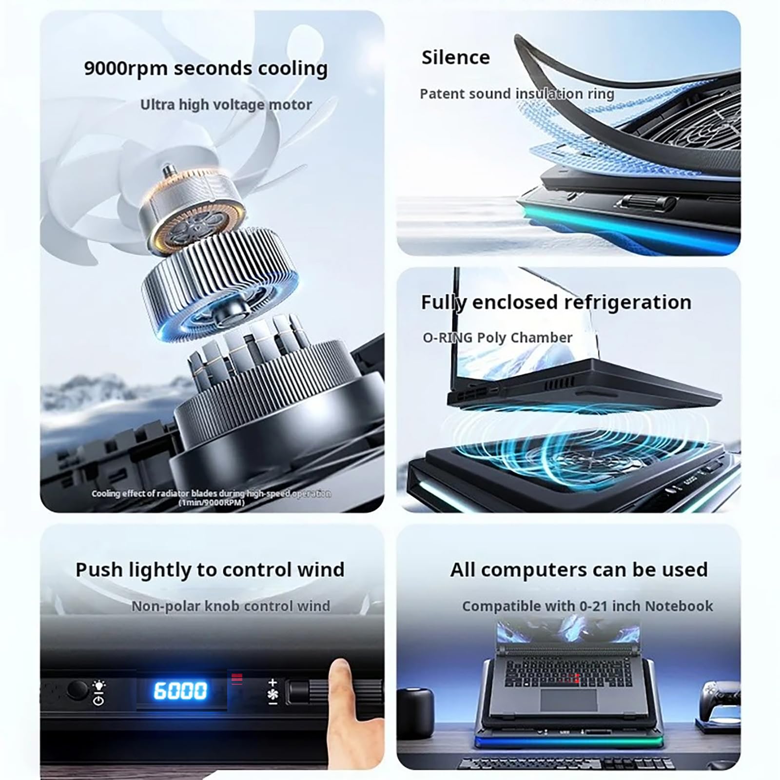 Refroidisseur PC Portable, Ventilateur PC Portable, Support PC Portable Ventilé, Coussin de Refroidissement pour Ordinateur Portable avec Ventilateur Turbo de 18 cm, éclairage RGB