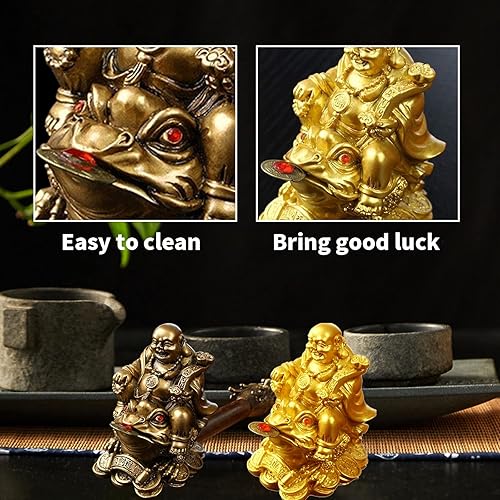 Miniatura 3 de Feng Shui Buda riendo, riqueza que ríe Buda sentado en el dinero, estatua de rana de sapo de la suerte, adornos para automóvil, decoración de