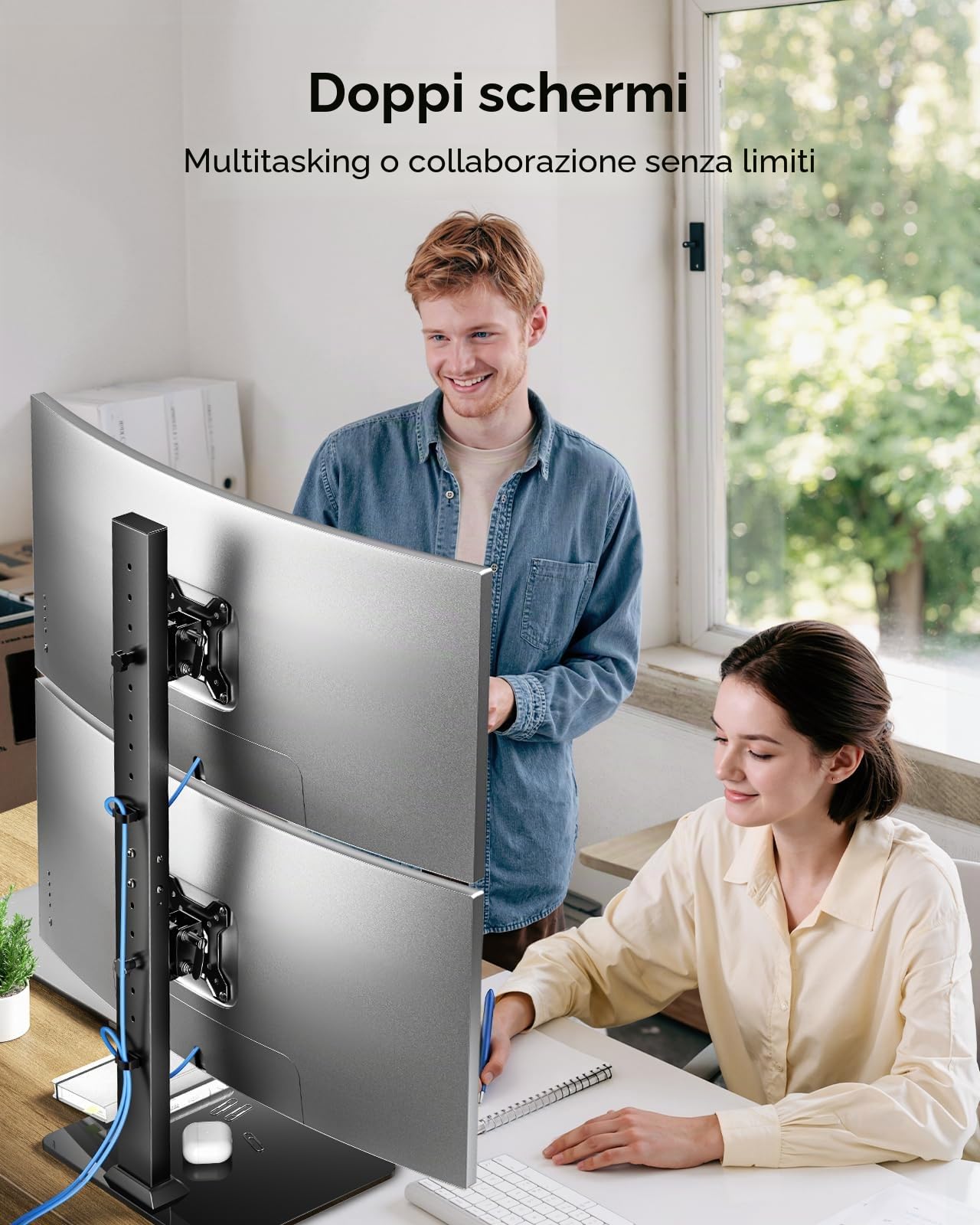 HUANUO Braccio Monitor Doppio, Dual Vertical Monitor Arm Suitable for Two Screens from 13 to 34 Inches 20 kg, Swivel, Tilt, Height Adjustable, VESA 50/75/100