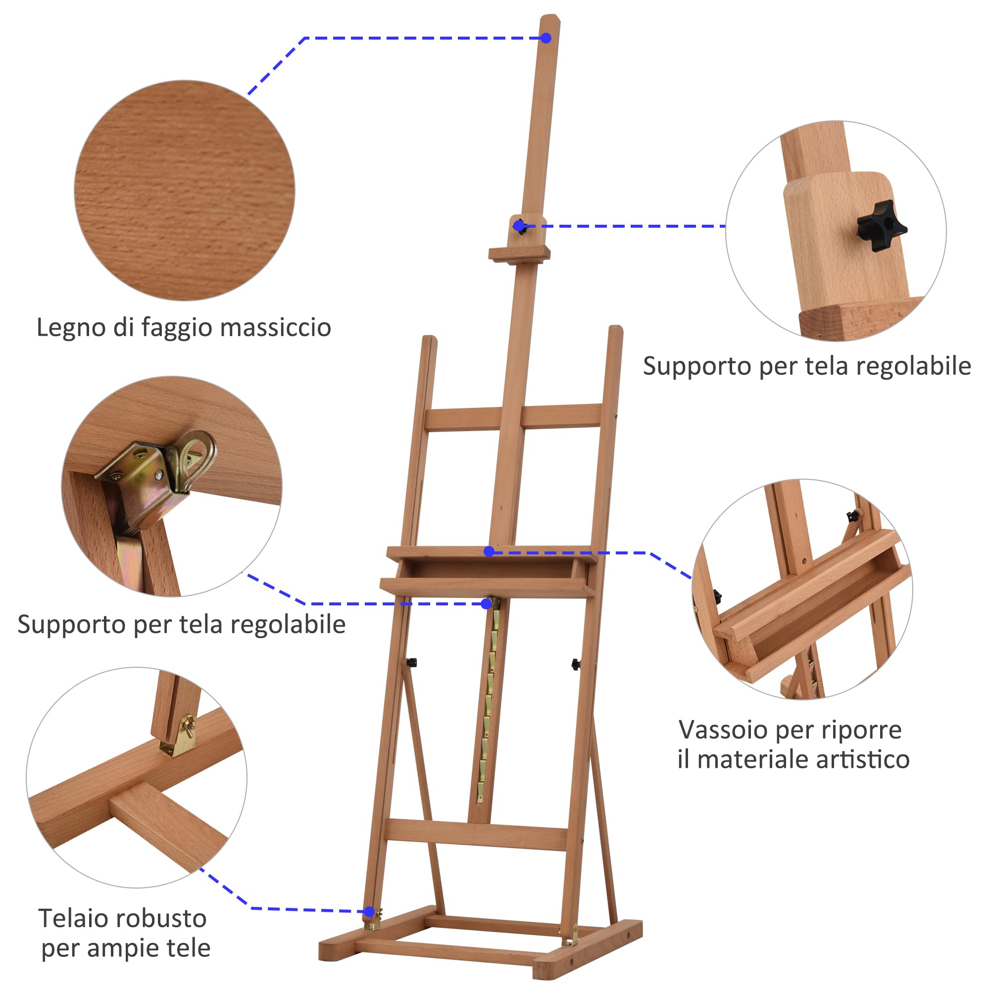 HOMCOM Cavalletto Pittura Regolabile in Legno di Faggio, Cavalletto Treppiede con Vano Contenitore per Dipingere su Tela, Portatile per Studio, Artisti e Pittori, Color Legno