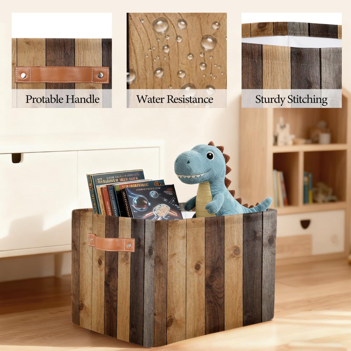 Rechteckiger Aufbewahrungskorb mit Holzmaserung und Ledergriffen, 2 Stück, faltbarer Stoff-Aufbewahrungskorb für Schrank, Badezimmer, Wohnzimmer, Büro, Spielzeug, Organizer, Wäschekorb