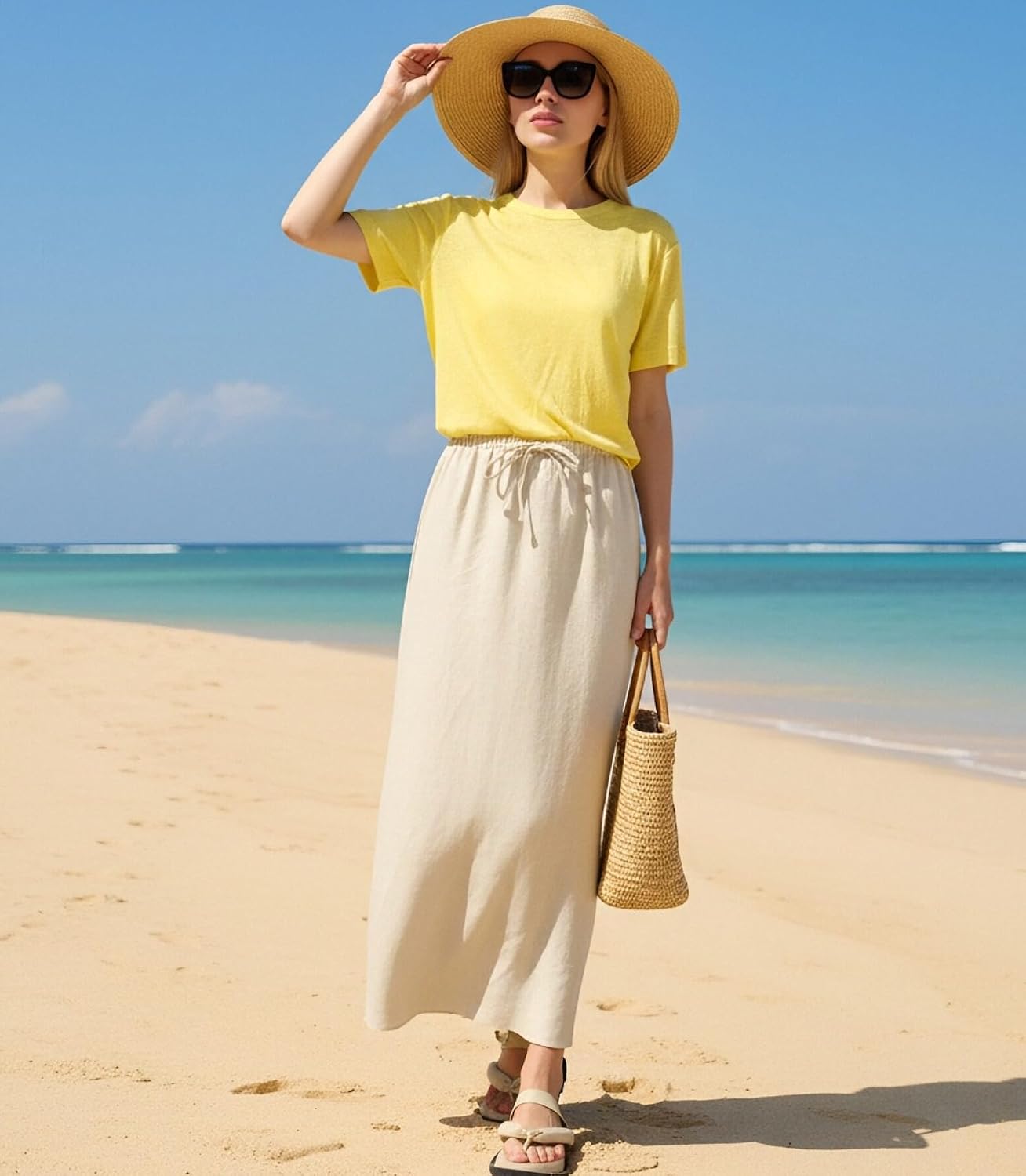 100% Linen Maxi Skirt for Women Ankle-Length Flowy Skirt with Adjustable Drawstring Waist