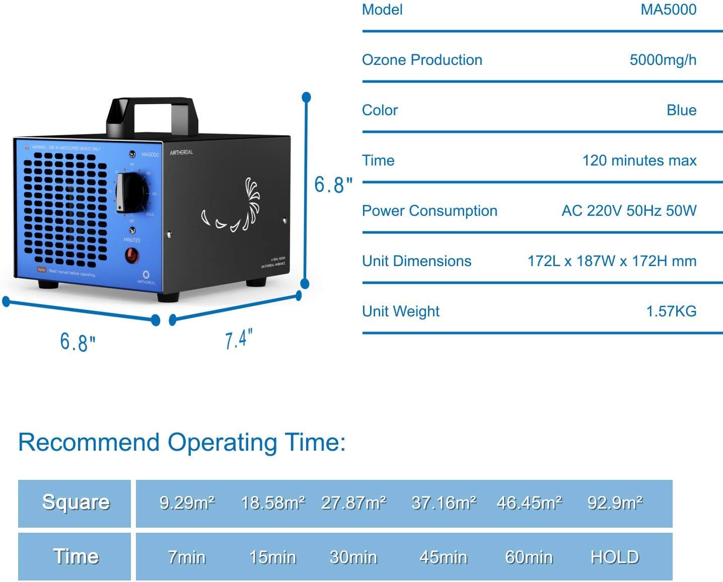 Airthereal MA5000 dimensions and recommended operating times