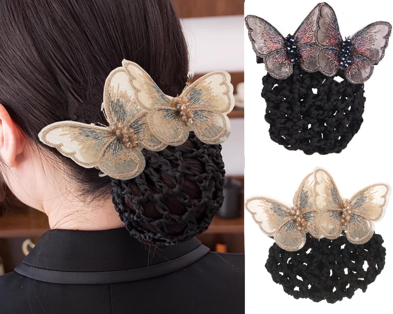 MISS LIRENN® 02 Pcs Women Hair Bun Cover Net Snood Hairnet Butterfly Decor Barrette French Hair Clip Hair Accessories, Blue and Brown (Brown + Golden)