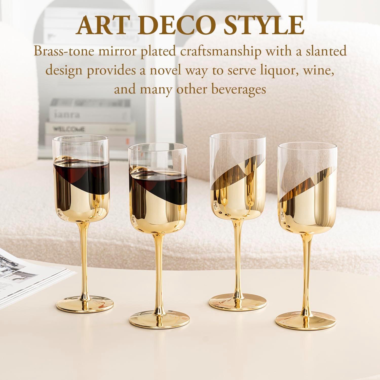 MyGift 14 oz Wine Glasses Modern Brass Tone Plated Round Stemmed Glass Goblets, Cylindrical Drinking Glasses with Angled Dipped Mirror Finish, Stemware Set of 4 - Image 2
