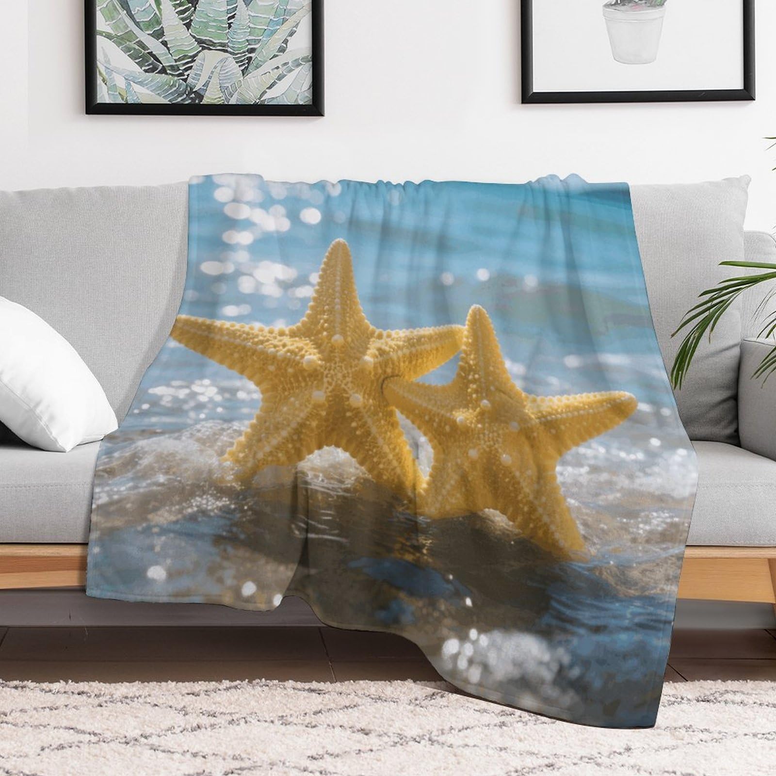 Custom Yellow Starfish on Beach Blanket Lightweight Flannel Fleece Throw for Couch Sofa Bed Luxury Soft Cozy Plush Lap Bedtime Blanket for All Seasons Bedroom Home Decor Gifts 40x50