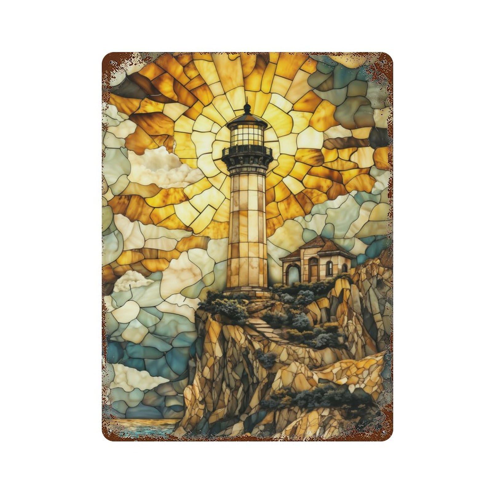 Stained Glass Lighthouse Rusty Metal Tin Sign 15.7"x11.8", Industrial Home Decor for Garage, Pub Or Kitchen