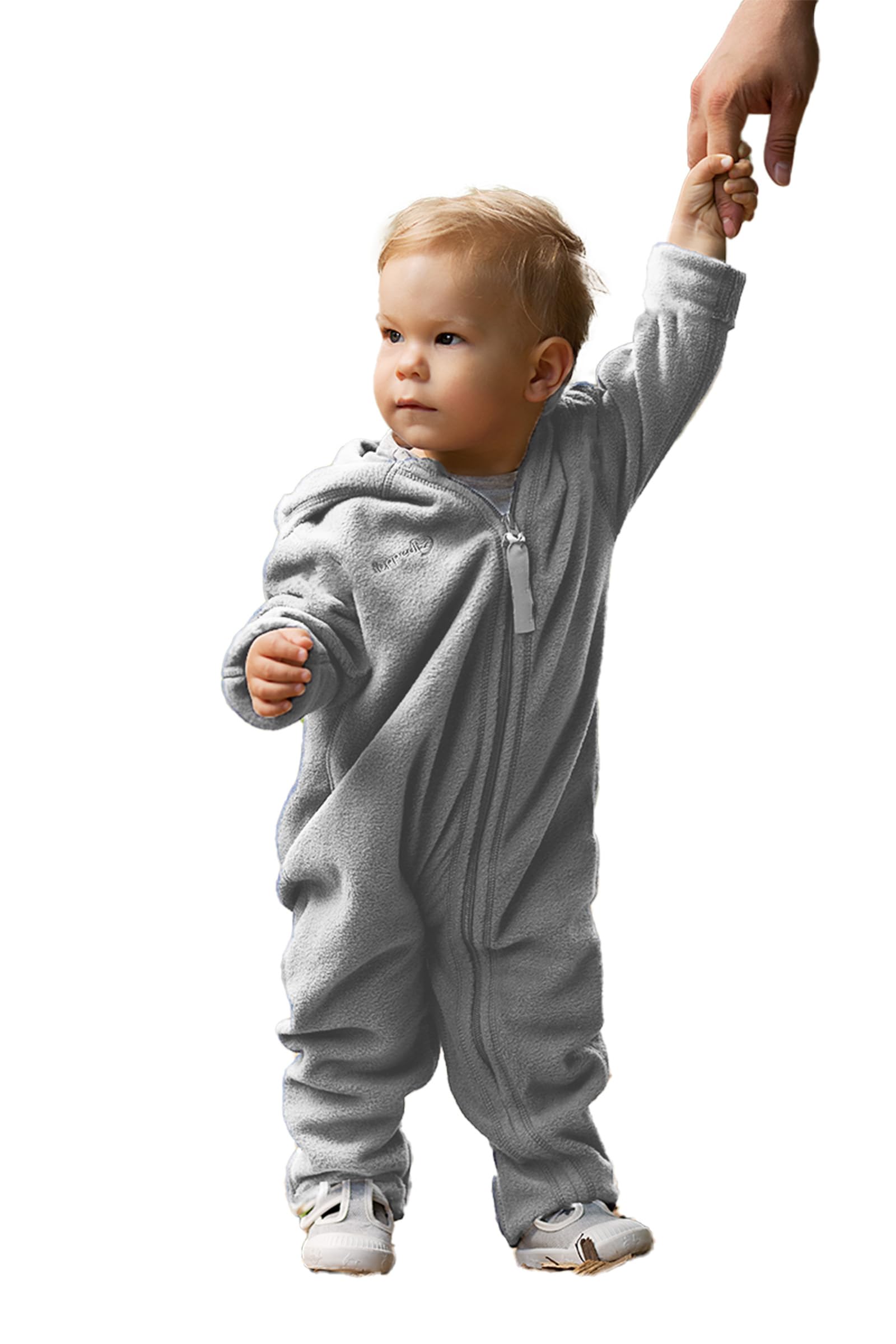 Hoppediz Baby Overall Fleece, stone 92-98 | Wärmender Overall mit extra langen Beinen, mit Daumenloch, Umschlagbündchen an den Füßen, ideal für Babytrage und Tragetuch