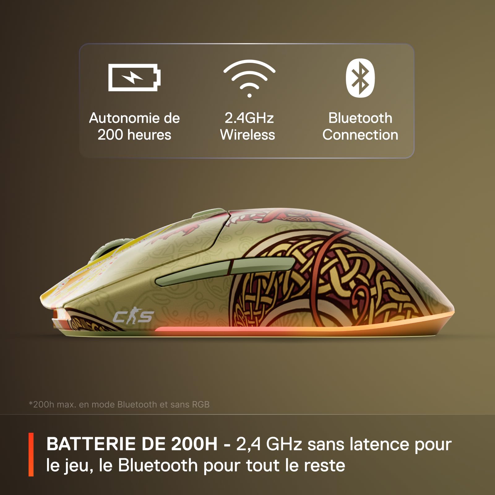 SteelSeries Souris Gaming sans Fil CS2 Dragon Lore Edition - Counter Strike - 2,4 GHz et Bluetooth - Capteur Optique TrueMove Air 18K DPI - Batterie Jusqu’à 200h - Durabilité 80M de clics