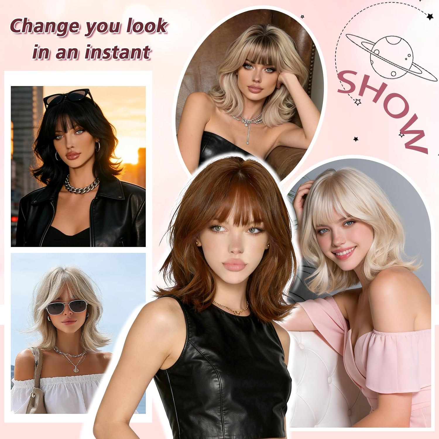 Haloo Brown Short Bob Wigs with Bangs Shoulder Length Wavy Layered Flipped Ends Natural Looking Medium Synthetic Hair Wig for Women Daily Party, 14 Inch Dark Brown