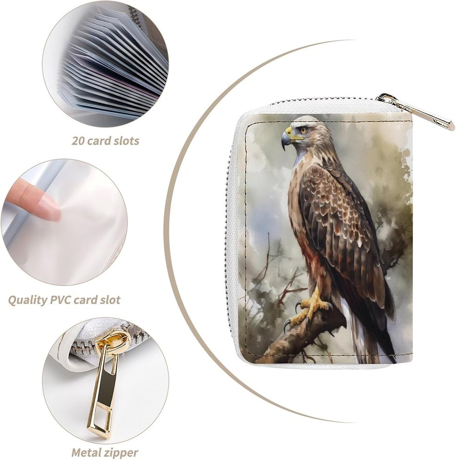 Leather Card Organizer Case Card Wallet Credit Card Holder Hawk Sitting In The Tree Printed Zipper Card Cases Holder for Women Men