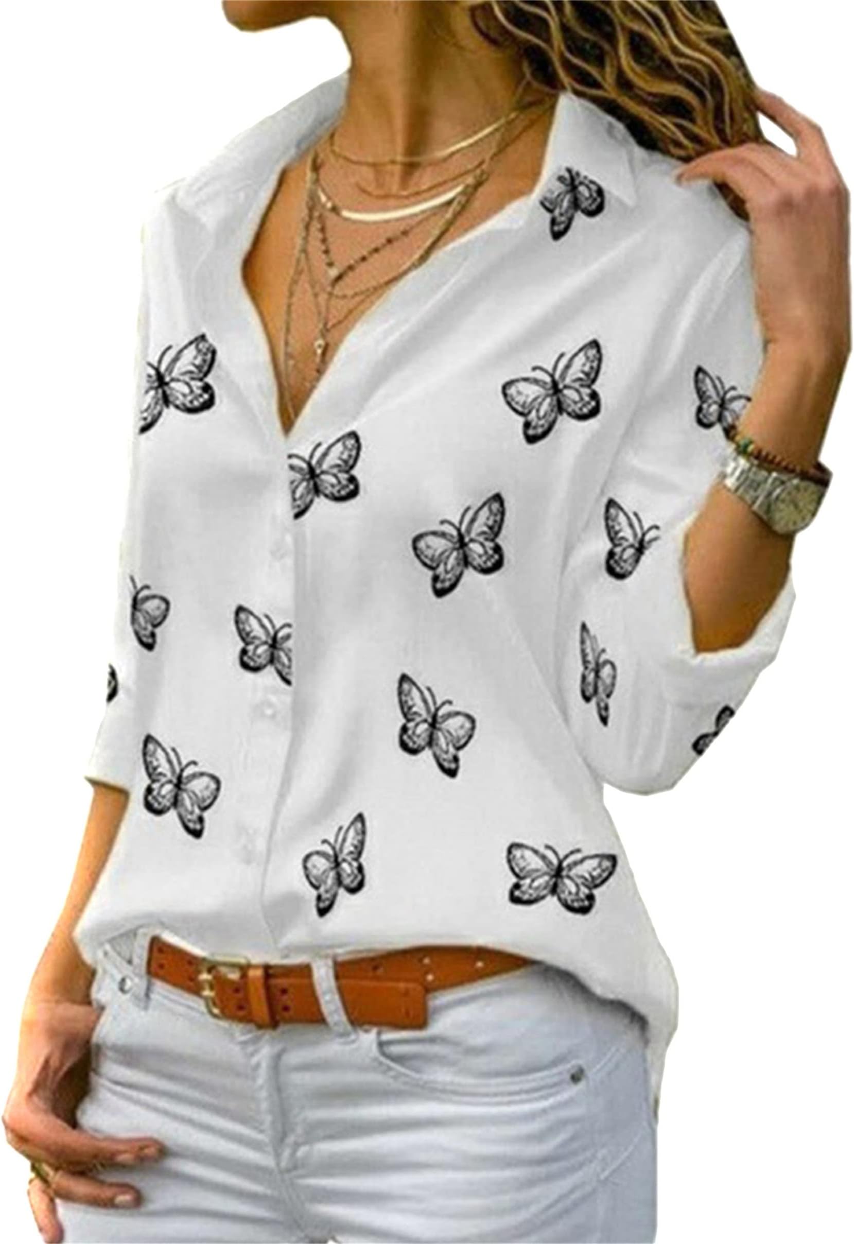 Womens Lapel Button Down Chiffon Shirts Solid Color Office Blouse Casual Long Sleeve Tops Plus Size