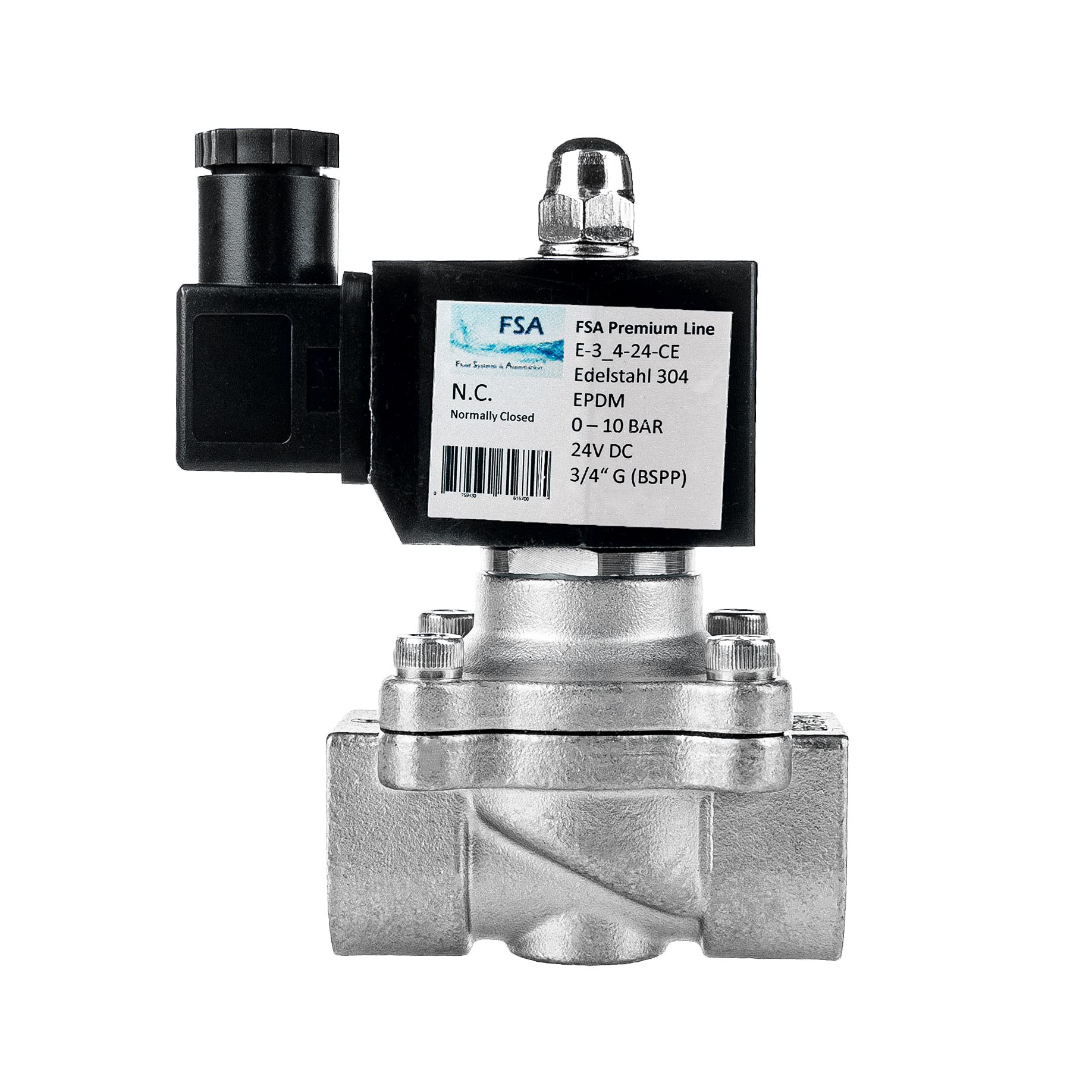 FSA Elettrovalvola in Acciaio Inox 304 3/4" 24V DC 0-10 bar EPDM normalmente chiusa