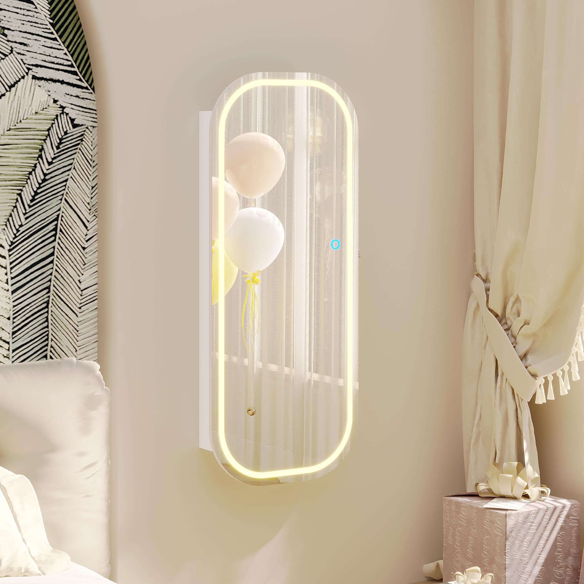 LVSOMT Szafka na biżuterię z lustrem LED, montowany na ścianie, organizer na biżuterię, 40 cm, zaokrąglone lustro ze schowkiem, składana półka, zamykany schowek na biżuterię z lustrem wewnętrznym,