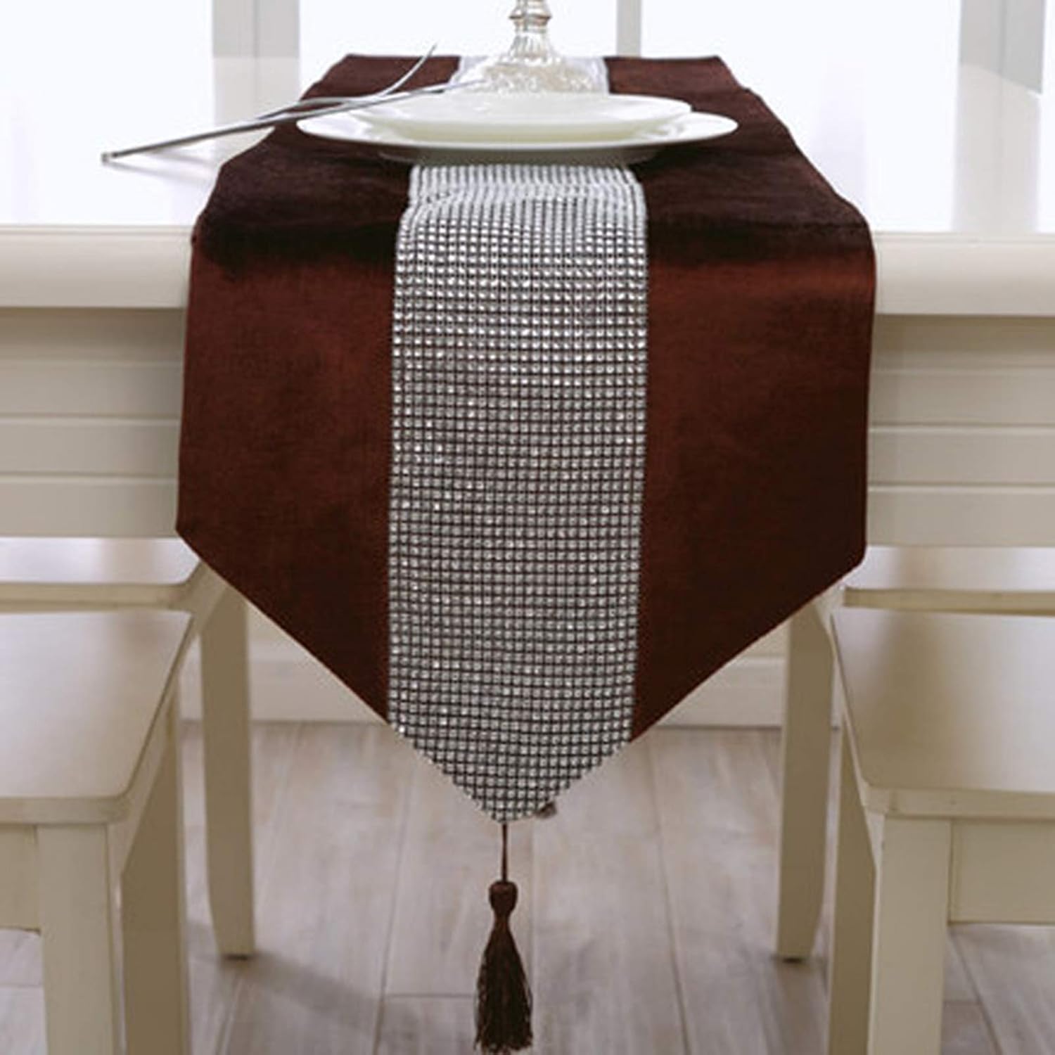 Table Runner Velvet, Table Runners 13x84 Inch Coffee Luxury Solid Color Diamond with Tassel Table Runners Christmas
