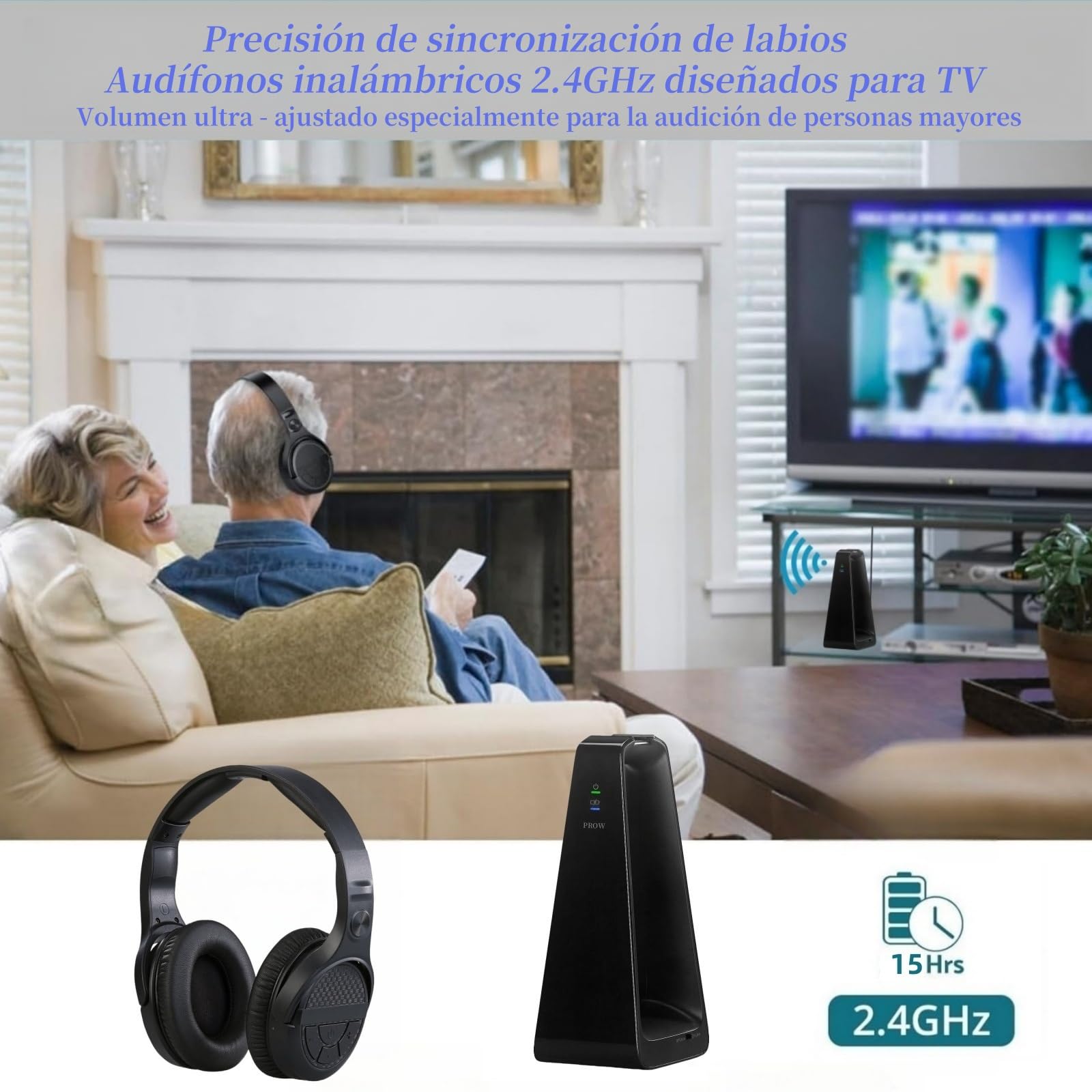 Auriculares Inalámbricos para TV Personas Mayores con Botones Grandes, 15H y 0 Retraso, Base de Carga con Transmisor 2.4GHz, Auriculares Bluetooth Over-Ear, Salida Digital Óptica(TOSLINK)/RCA/3.5mm
