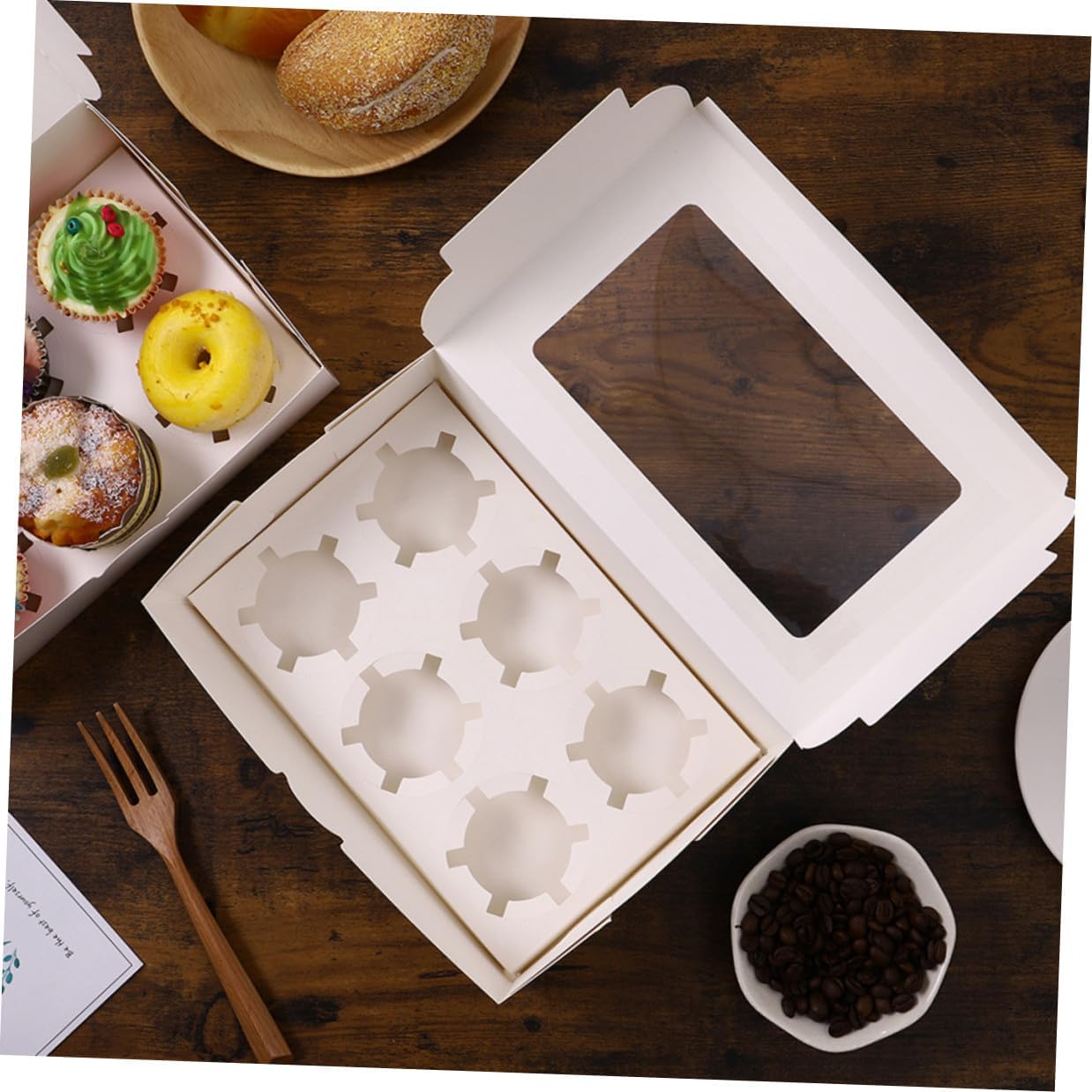 15pcs White Paper Cupcake Boxes with Window 6-cup Holder Food-grade Cake Carrier for Parties and Baking Supplies