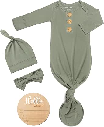 Soft Baby Knot Gown 0-3 Months with Personalized Wooden Name Tag