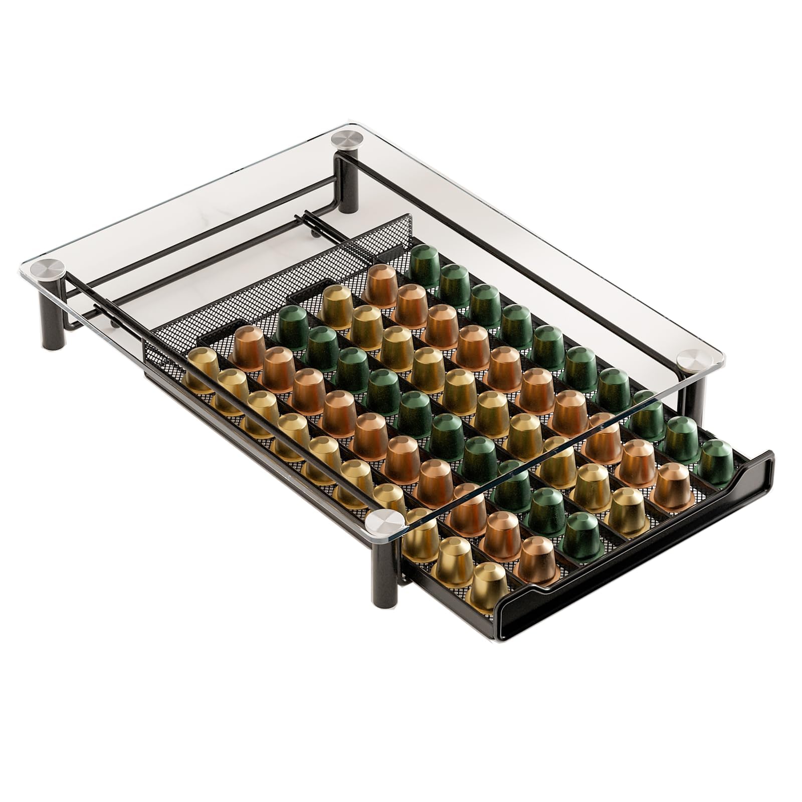 SEVENLINE Tiroir de Rangement pour Capsules de Café en Verre Trempé Cristal Compatible avec les Capsules Nespresso OriginalLine Support pour 60 Dosettes Original Line Organisateur de Cuisine