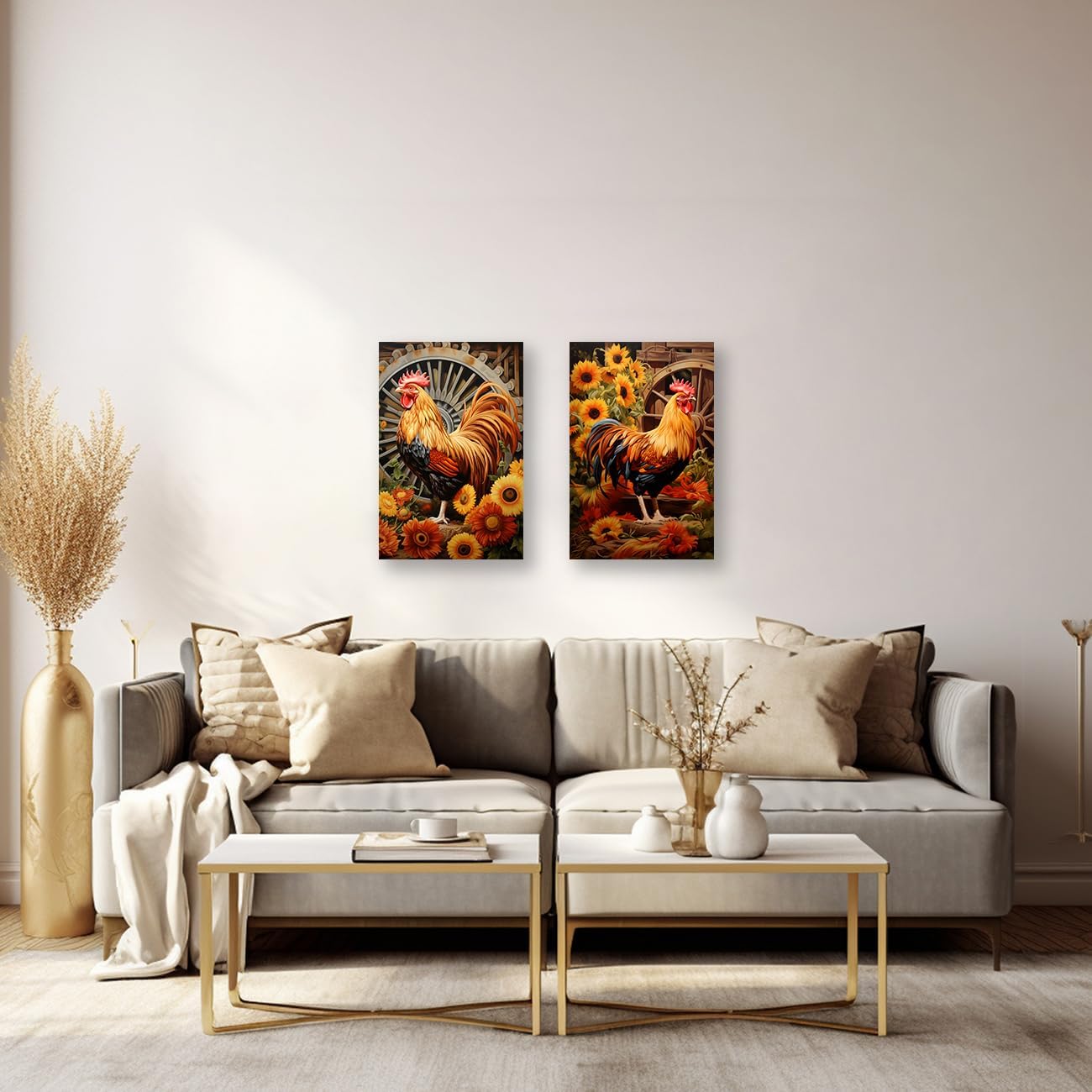 PBXBJY Farm Rooster Canvas Wall Art 2 Pieces Chicken and Sunflower Pictures Print Rustic Farmhouse Animal Painting Poster Artwork Bathroom Kitchen Wall Decor Frame (16x24inchx2Pcs)