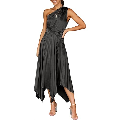 ANRABESS Women's Summer One Shoulder Midi Dress Sleeveless Twist Pleated Asymmetric Satin Cocktail Party Dress