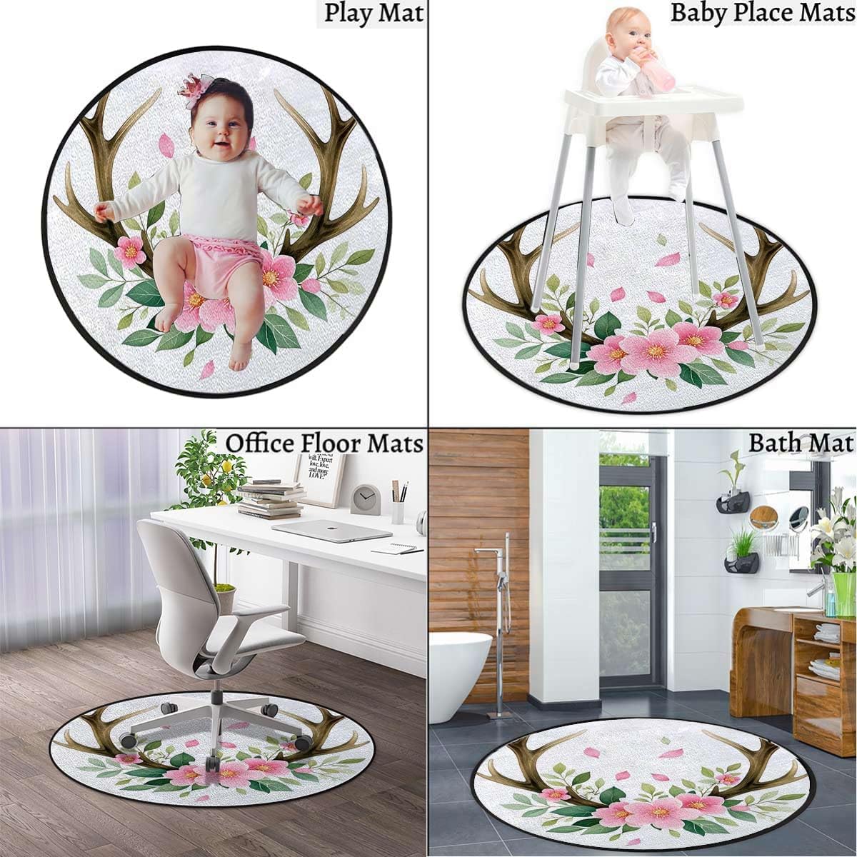 Deer Antlers Floral Round Chair Mat for Hardwood Floors, Nature Themed Design Non-Slip Low-Pile Protector for Rolling & Computer Desk Chairs, Green Pink Diameter 39.4 in