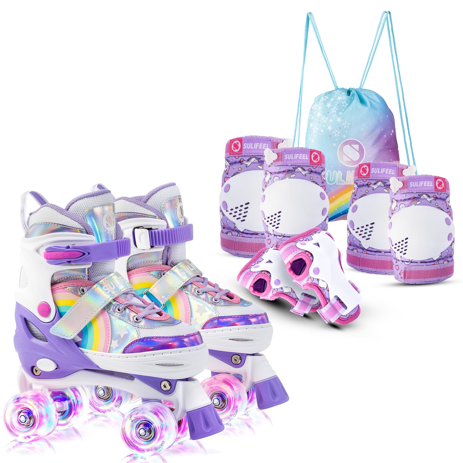 SULIFEELRainbow Unicorn Roller Skates for Kids with Adjustable Protective Gear Set Purple Medium