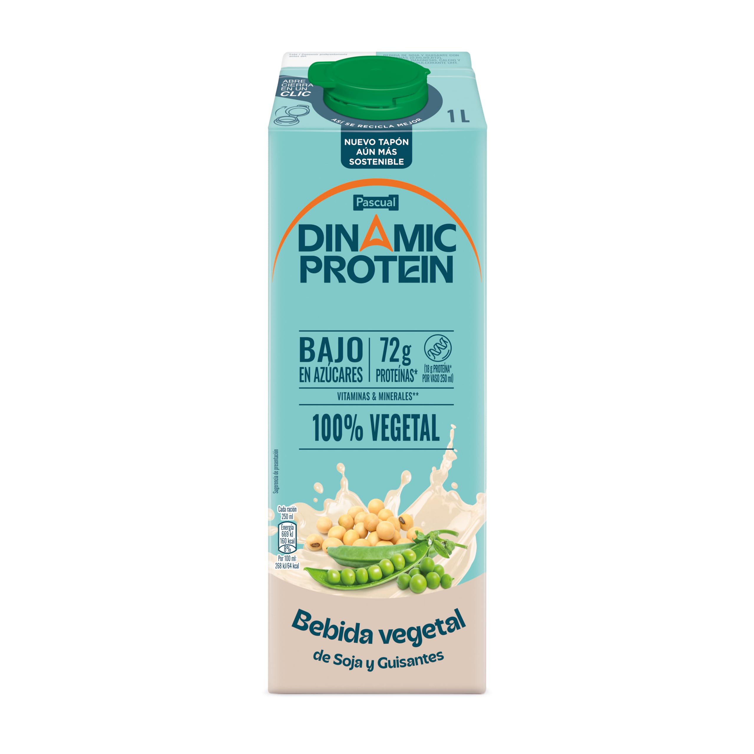 Calidad Pascual Dinamic Protein - Bebida 100% Vegetal, de Soja y Guisantes, con 72 g de Proteína, Bajo en Azúcares, Sin Gluten - Brik 1L