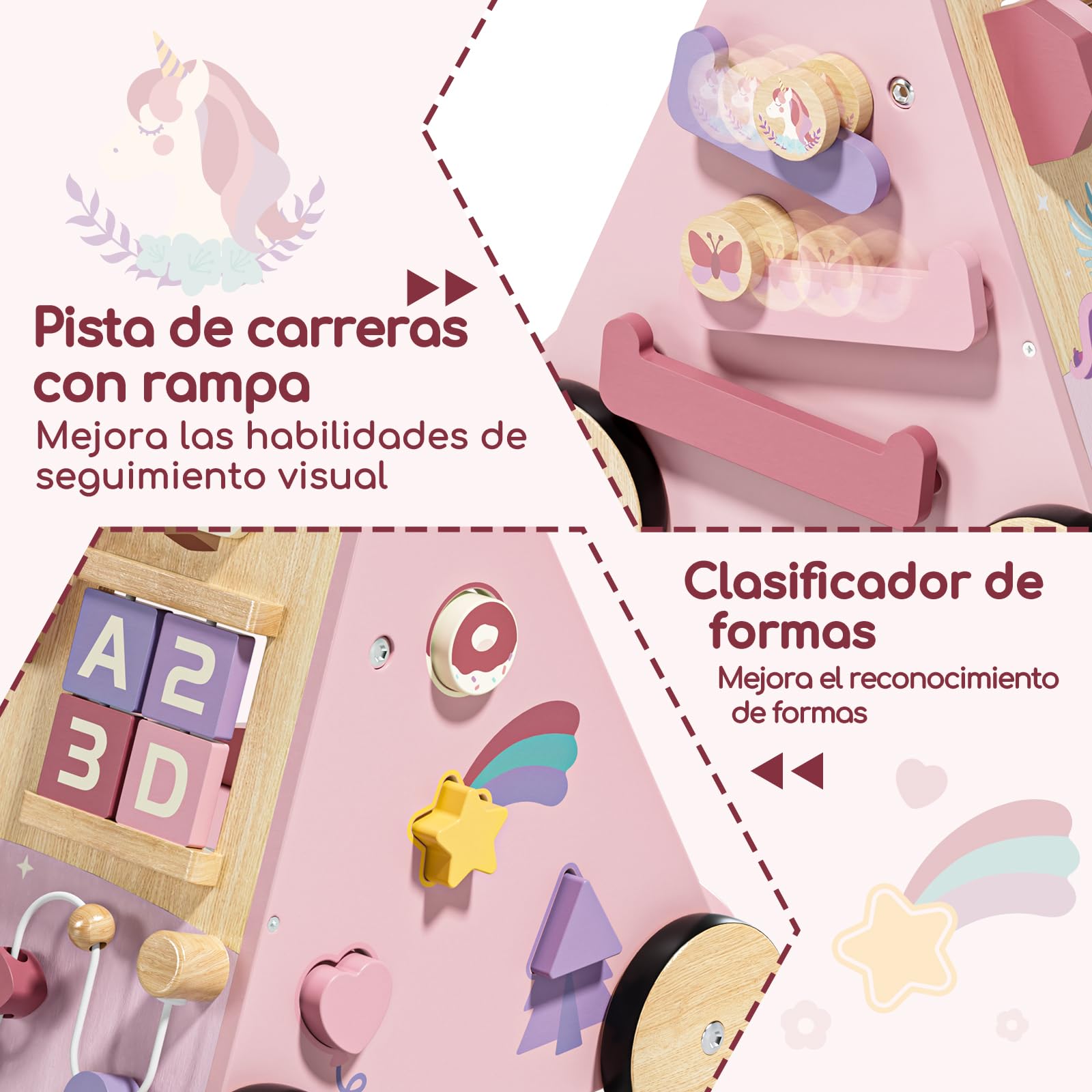 Lehoo Castle Andador Bebes de Madera, Caminador Bebé Unicornio | Freno Ajustable, Unicornio Rosa, Centro de Actividades 10 en 1, Juego Educativo Montessori, Regalo Bebé Niña 1 Año