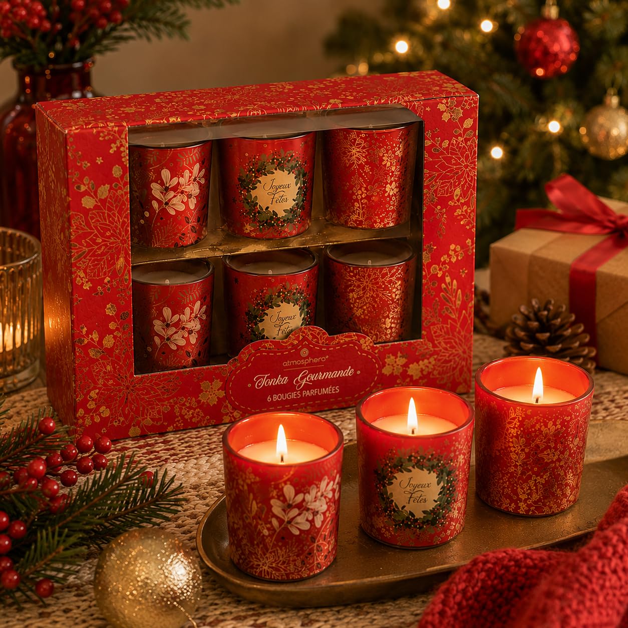 Set mit 6 Luxus-Duftkerzen im roten Glas – Weihnachts-Duftkerzen Geschenkset – Stimmungsvolle Kerzen für Weihnachtsdekoration –