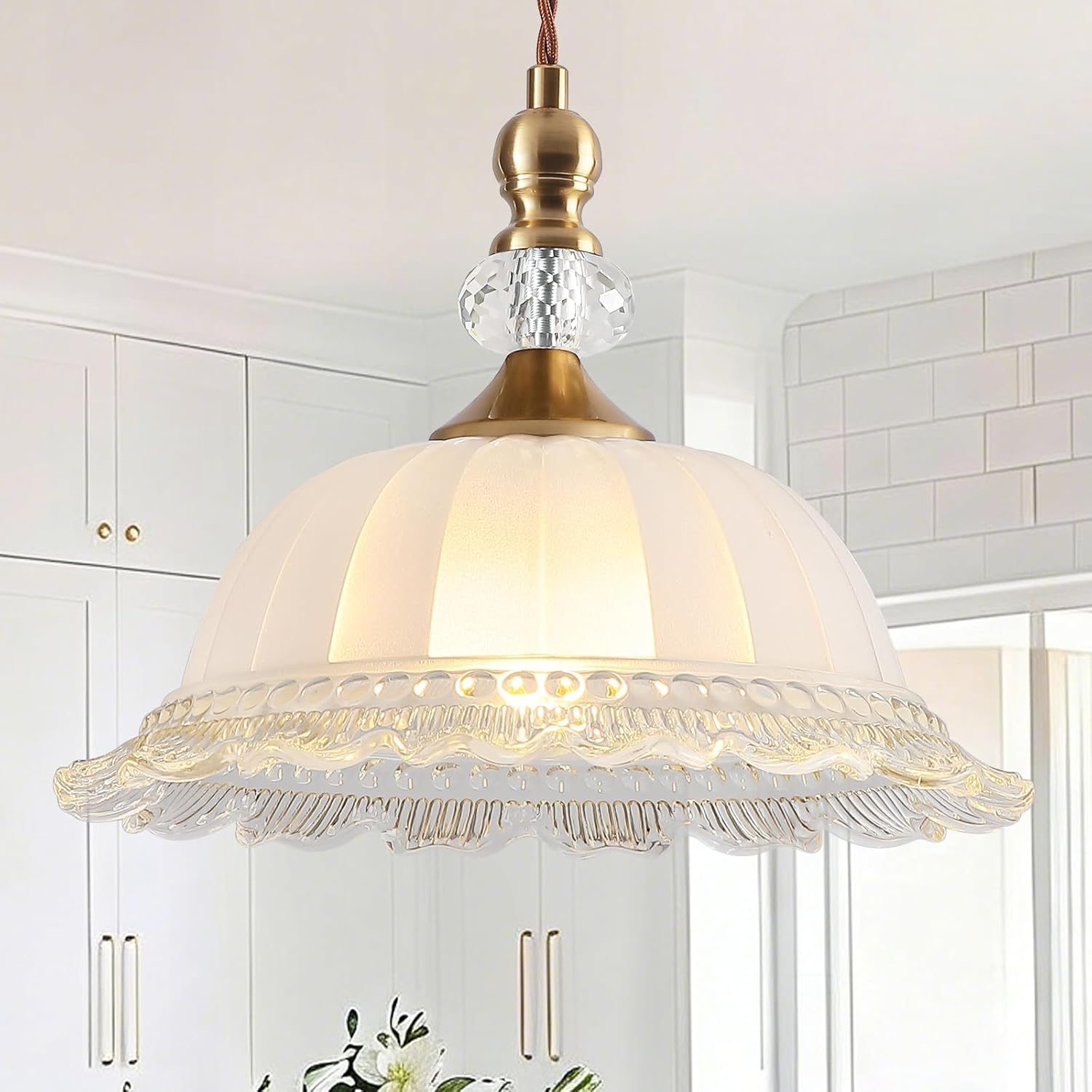 10.6" Milk Glass Vintage Pendant Light for Kitchen Island, Antique Brass Gold Pendant Light Fixture for Dining Room Hallway Bedroom