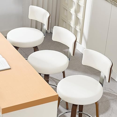 Miniatura 7 de Bekrvio Juego de 3 taburetes de bar giratorios de piel sintética, taburetes de cocina tapizados con respaldo, patas de madera de nogal, sillas de