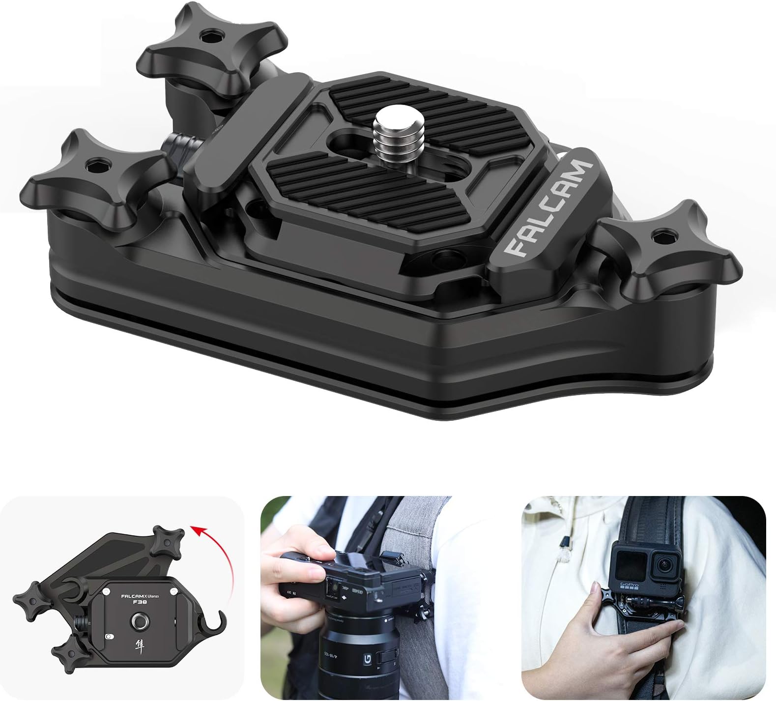 Falcam F38 Quick Release Backpack Strap Clip, Universal Arca-Swiss Slot, 1/4 3/8 Thread Screw, Quick Switch Between Backpack Strap Clip and Tripod Gimbal Stabilizer Slider for Travel & Hiking