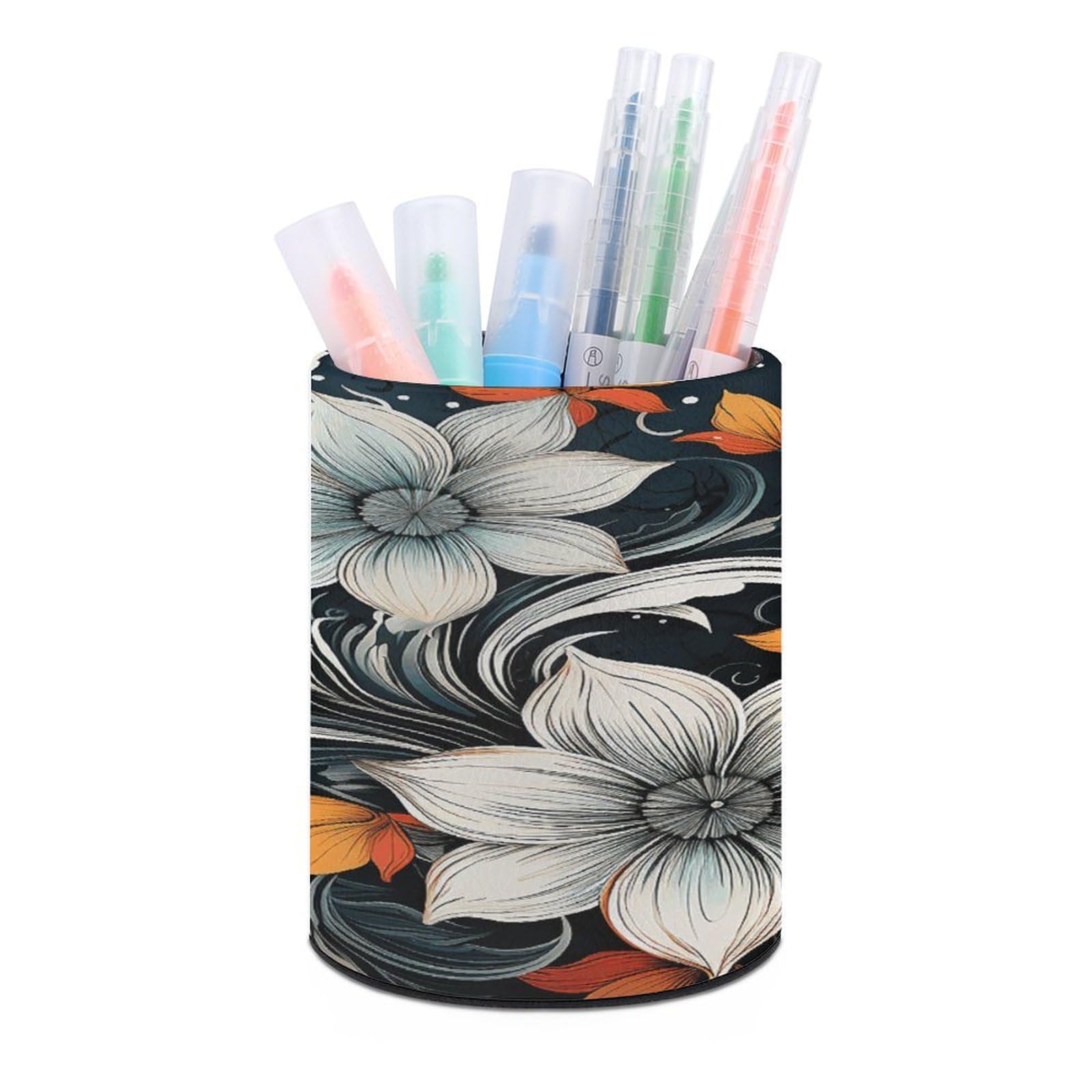 FekiLoot Round Leather Pen Holder - Multipurpose Desk Organizer, Modern Pencil Cup, Novelty Boho Abstract Flowers Pencil Holder, Unique Makeup Brush Holders for Office Home Supplies & Gifts