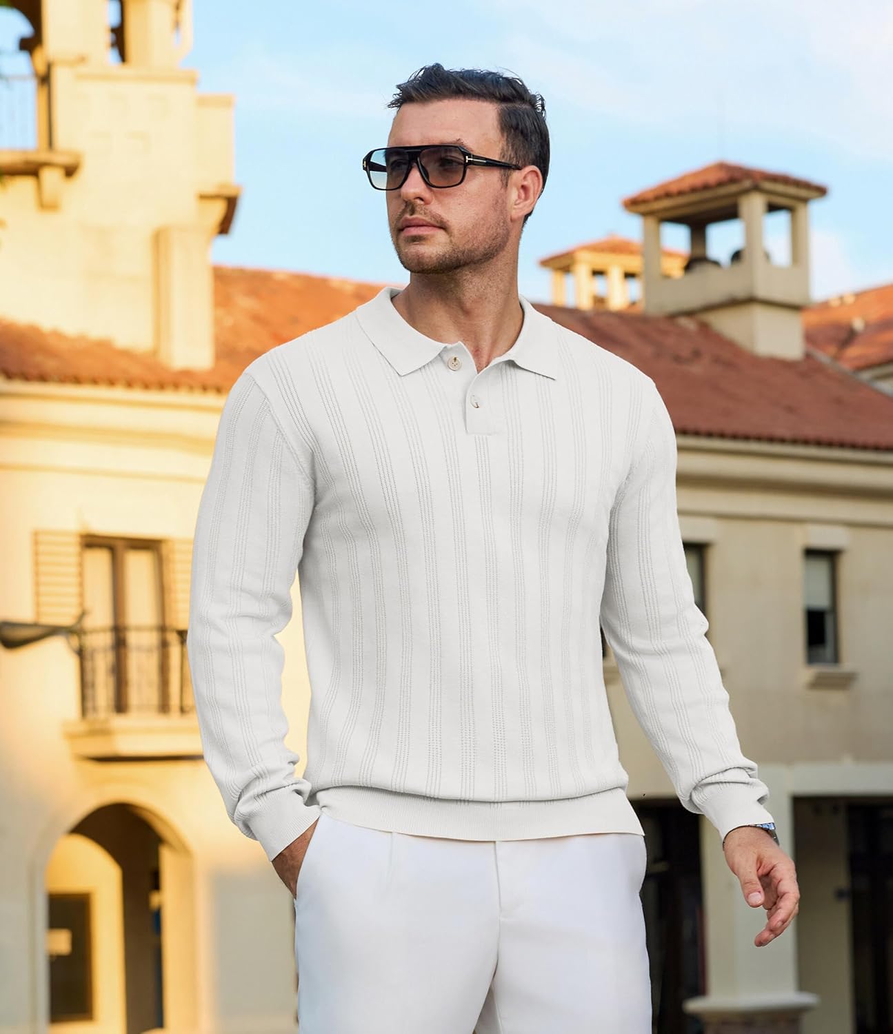 Mens Knit Polo Shirt Regualr Fit Lightweight Soft Casual Long Sleeve Striped Golf Polo Shirts - Image 5