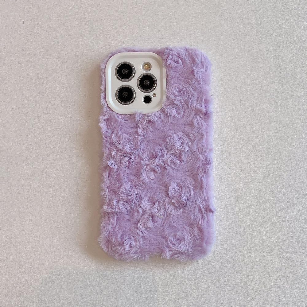 Coque protection peluche iPhone 13 14 15 Pro Max violette douce