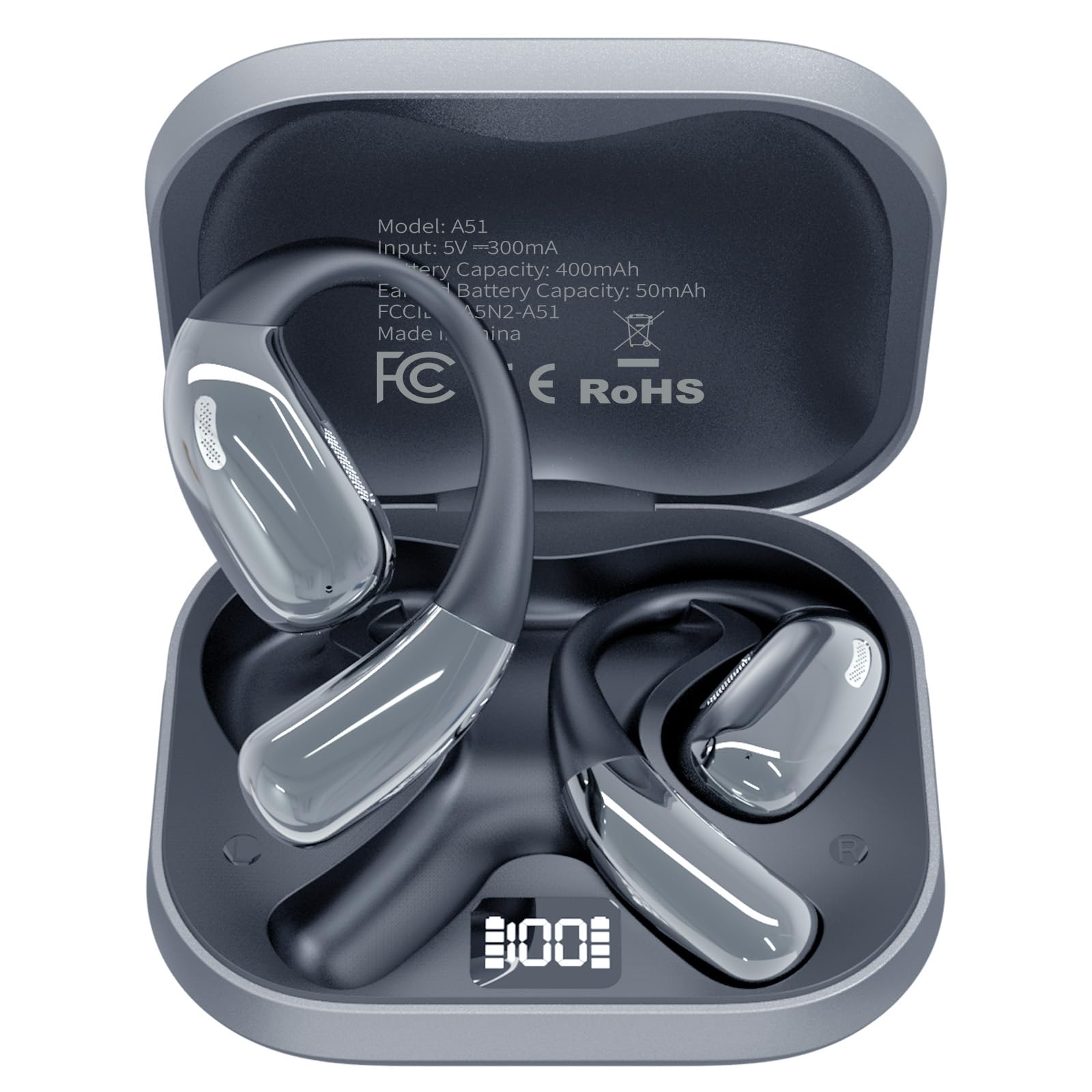 Open-Ear Headphones, Wireless Headphones with Smart Digital Display, Smart Mic, 35H Playtime, Sweat Resistant & Waterproof, Secure Comfortable Fit -