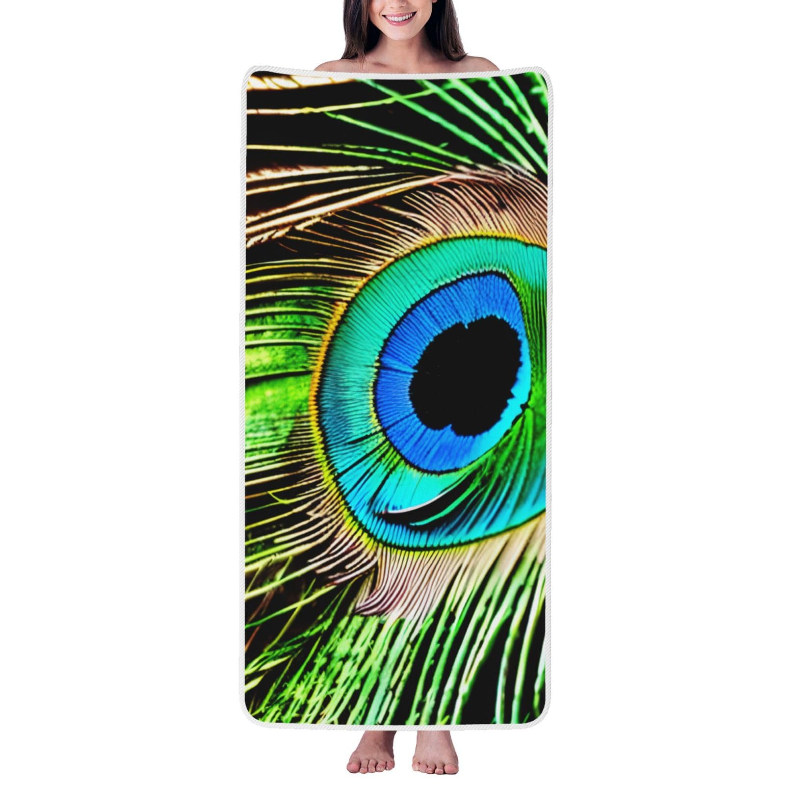 Ztpowqa Women's White Peacock Feather Print Coral Velvet Bath Towel For Home Gym Lounging Bathroom Spa Hotel Beach Travel