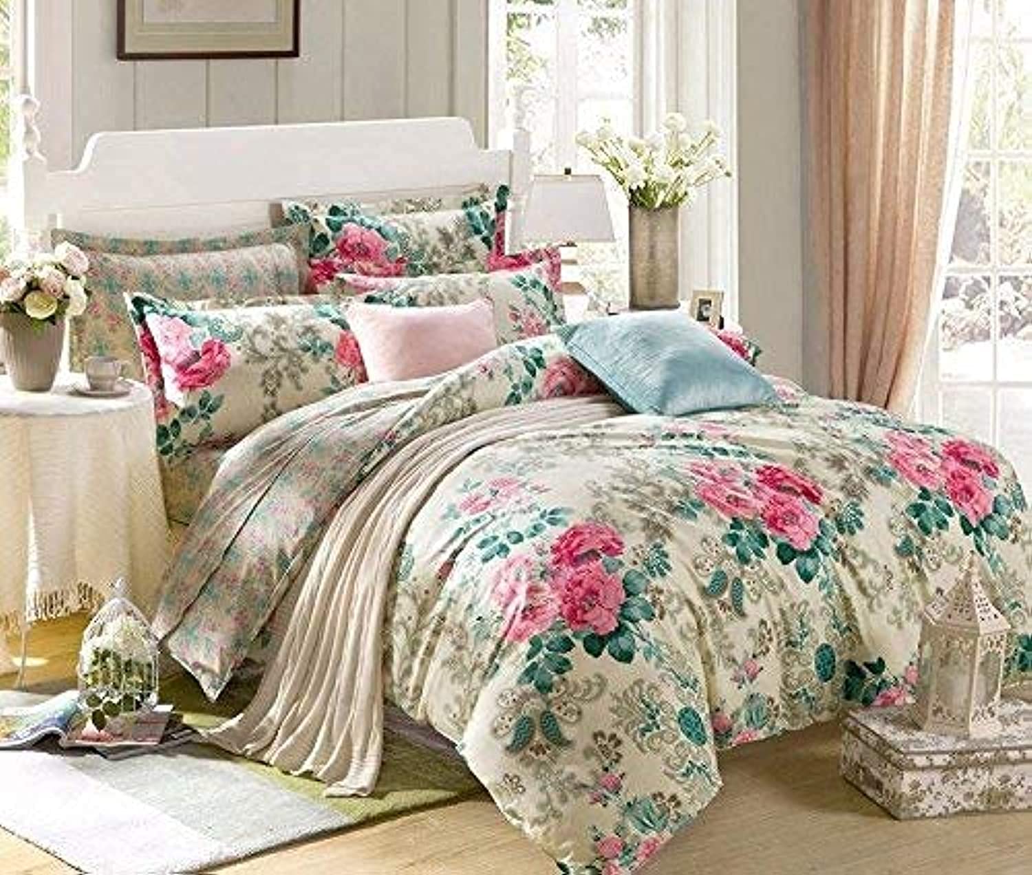 Huesland by Ahmedabad Cotton 144 TC Cotton King Size Bedsheet with 2 Pillow Covers – Beige, Pink, Green(9ft x 9ft)