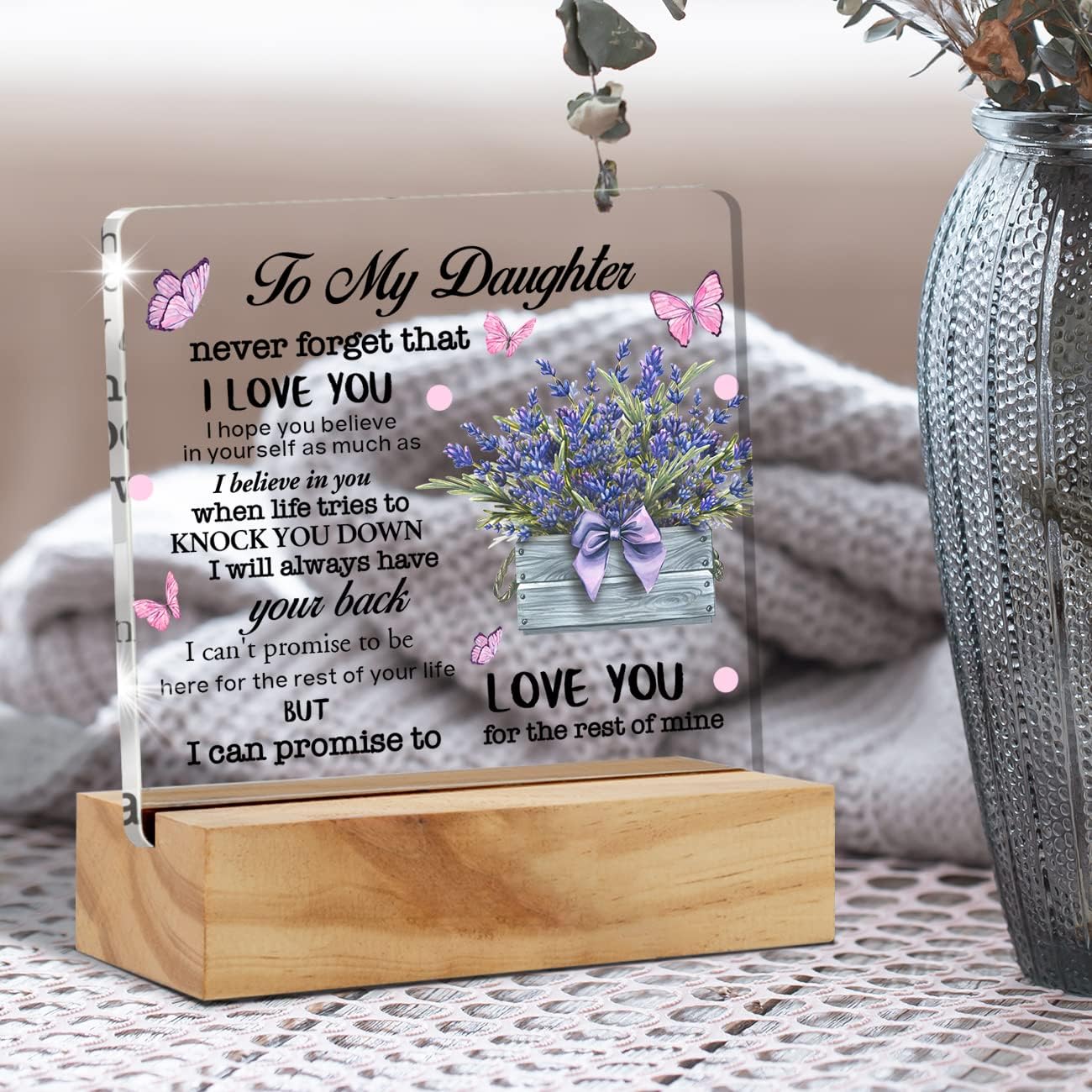Inspirational Daughter Gifts - 'Never Forget That I Love You' Acrylic Desk Plaque Sign with Wood Stand - Home Office Decor Keepsake Present image 5