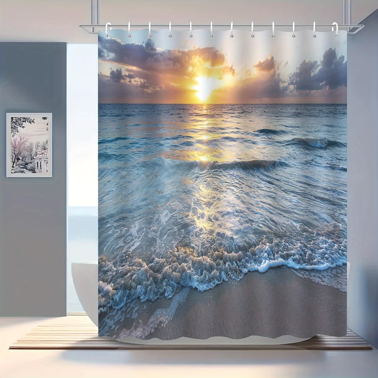GLWDMB 1 Piece 150x180CM Beautiful Romantic Ocean Beach Printed Shower Curtain With Hook, Polyester Fabric, For Windows And Walls, Bathtub, Bathroom, Machine Washable, All Season Universal